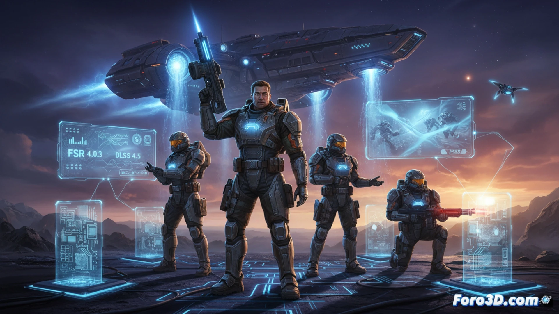 Helldivers 2 game engine performance upgrade scene, PC motherboard glowing with GPU and CPU components, FSR 4.0.3 and DLSS 4.5 software interface overlays floating above the hardware, latency reduction process demonstrated by green data streams flowing faster through circuit traces, PS5 Pro console displaying PSSR upscaling action on a monitor, cinematic technical illustration, metallic cooling fins and heat pipes, blue and orange neon lighting, particle effects of digital data packets moving smoothly, photorealistic engineering visualization