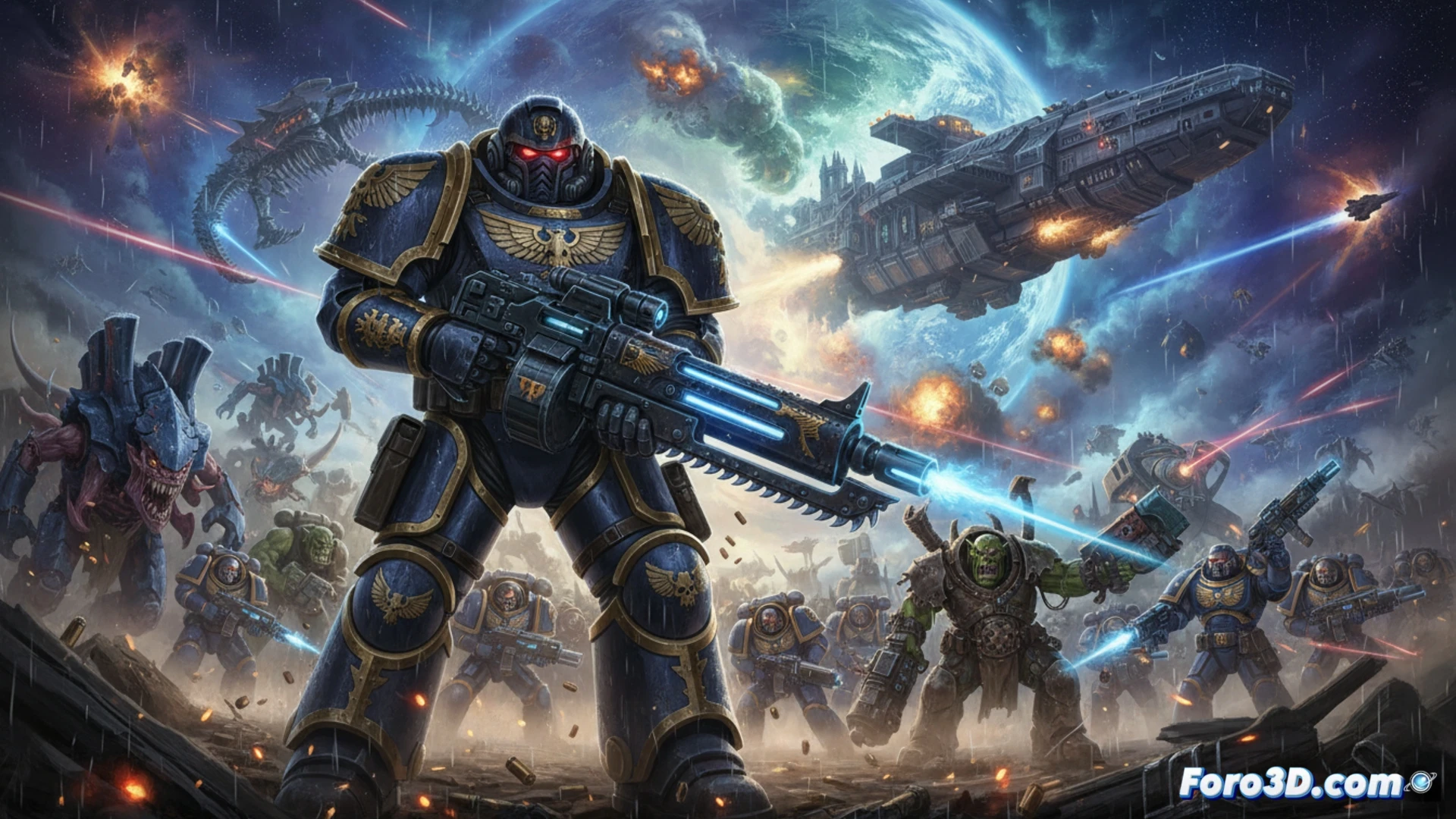 Helldiver in crimson Warhammer 40K Space Marine armor battling a Tyranid-like bug swarm, Super Destroyer orbital laser striking a hive tower in background, blood splatter on damaged power armor shoulder plate, smoke and fire from exploded Terminid carcasses, cinematic action shot with dramatic side lighting, realistic battle damage textures, glowing blue laser bolts cutting through fog, photorealistic sci-fi combat scene, heavy motion blur on charging enemies, metallic armor reflections under muzzle flash
