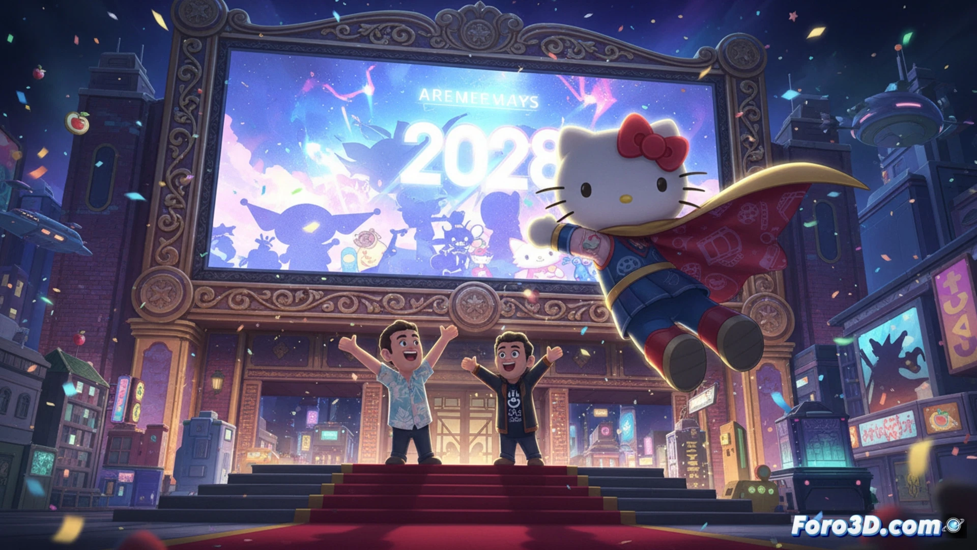 cinematic scene of Hello Kitty character design sketch on a digital tablet screen, stylus pen drawing feline facial features with vector lines, animation timeline visible showing keyframes, two director chairs labeled with Disney and Warner Bros logos in background, storyboard panels pinned to corkboard showing transformation sequence, digital painting software interface with color palette layers, dramatic studio lighting, photorealistic technical illustration, detailed brush strokes and pixel-level texture, ultra-sharp focus on drawing tools and screen reflection