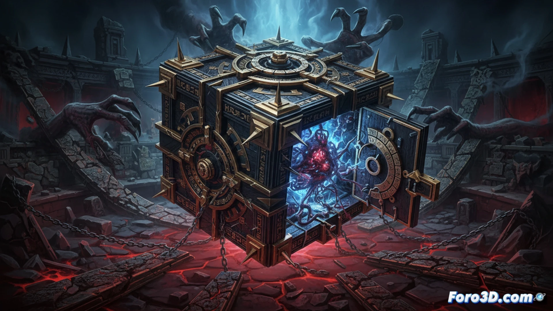 Cinematic shot of a gothic stone chamber, a character holding the Genesis Configuration cube mid-transformation, metallic puzzle pieces shifting and glowing with blue energy, cube emitting sharp geometric light beams that slice the air, chains emerging from the cube wrapping around a demonic cenobite figure, environment walls cracking and rearranging into labyrinth corridors, dark atmospheric fog, bloodstained floor, dramatic rim lighting on the cube s intricate mechanical gears, photorealistic horror render, ultra-detailed metal textures, dynamic action pose, high contrast shadows, Unreal Engine 5 cinematic style