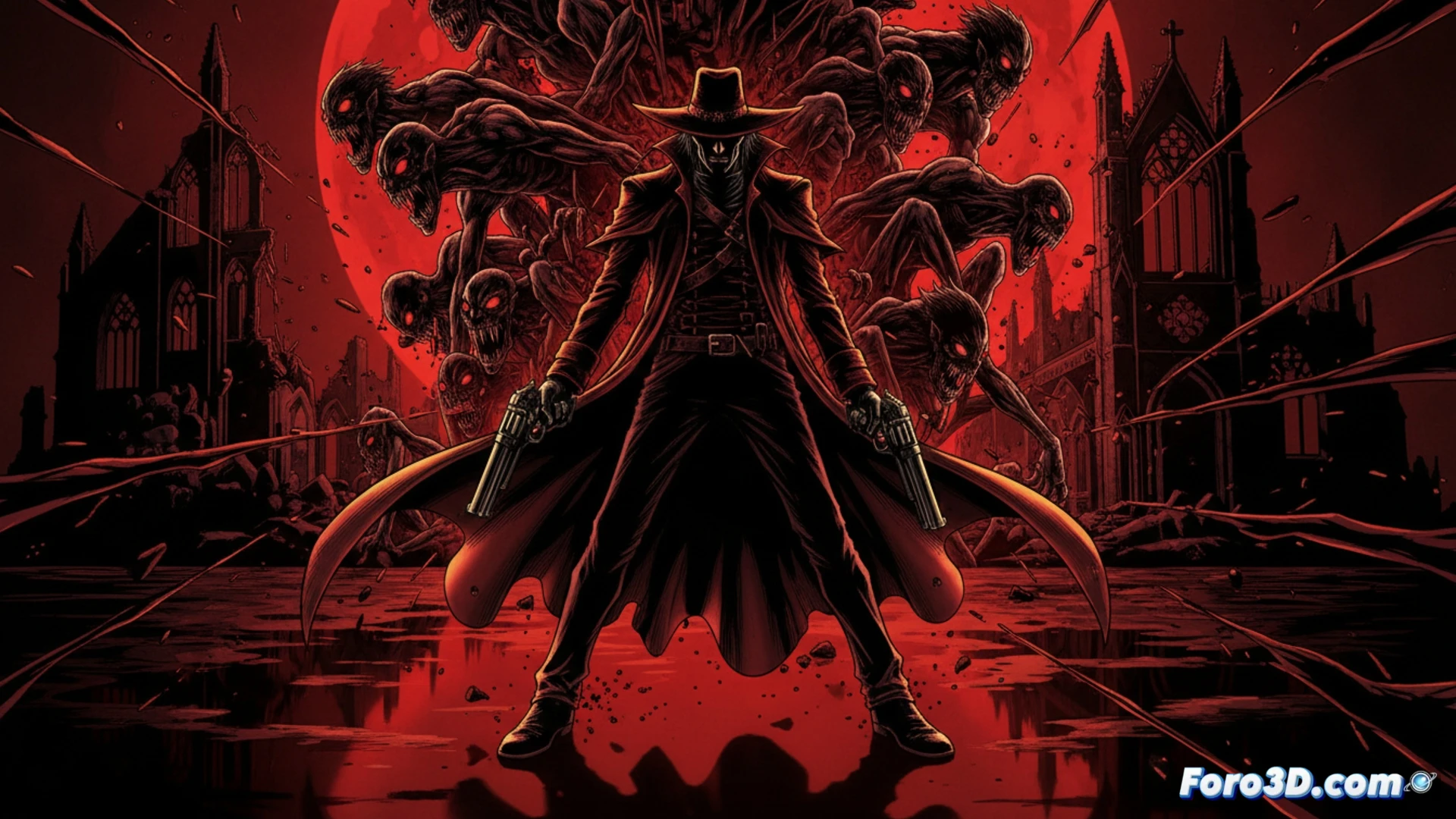 Alucard, envuelto en sombras y sangre, dispara su pistola gigante en un campo de batalla caótico.