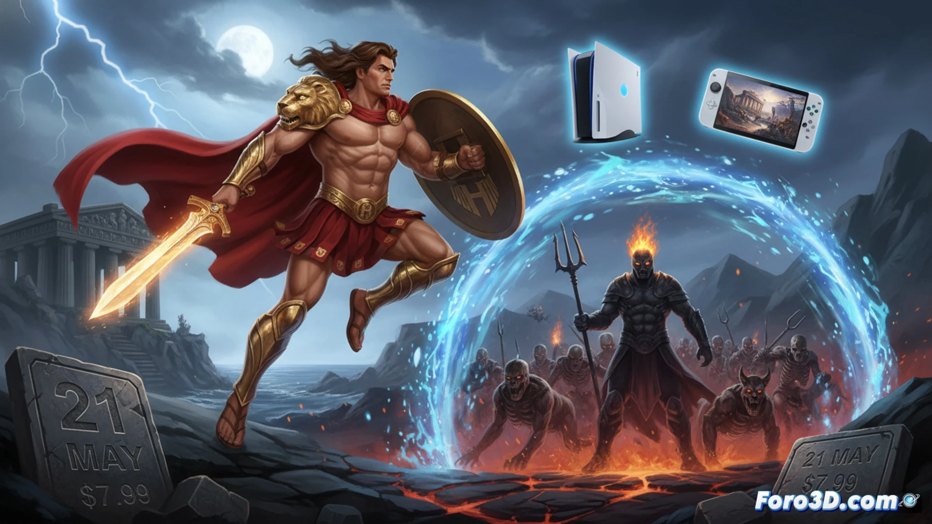 Retro RPG pixel-art scene showing Hercules in combat against Hades in a dark underworld, classic 8-bit style sprites with modern high-definition pixel rendering, CRT scanline overlay effect while a glowing PS5 controller and Switch 2 console sit on either side of a vintage game cartridge, action during final boss battle, fiery particle effects, demon king casting purple lightning, hero raising a golden sword, stone pillars and cracked hellish ground, nostalgic arcade cabinet aesthetic, vivid neon highlights, dramatic shadow contrast, technical retro-gaming visualization