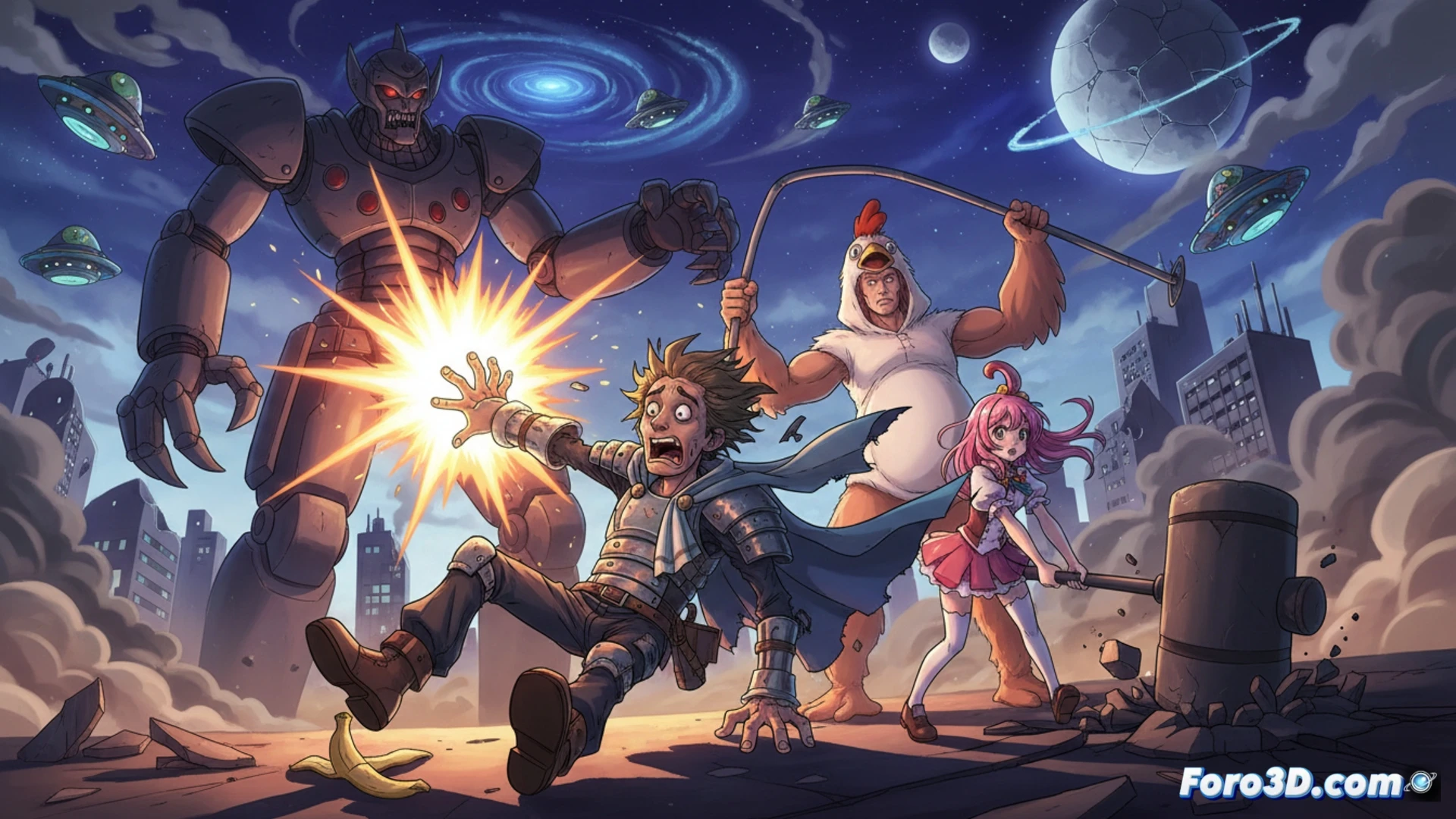 Anime heroe torpe pero letal sonríe confuso, rodeado de explosiones y escombros, contrastando poder y comedia.