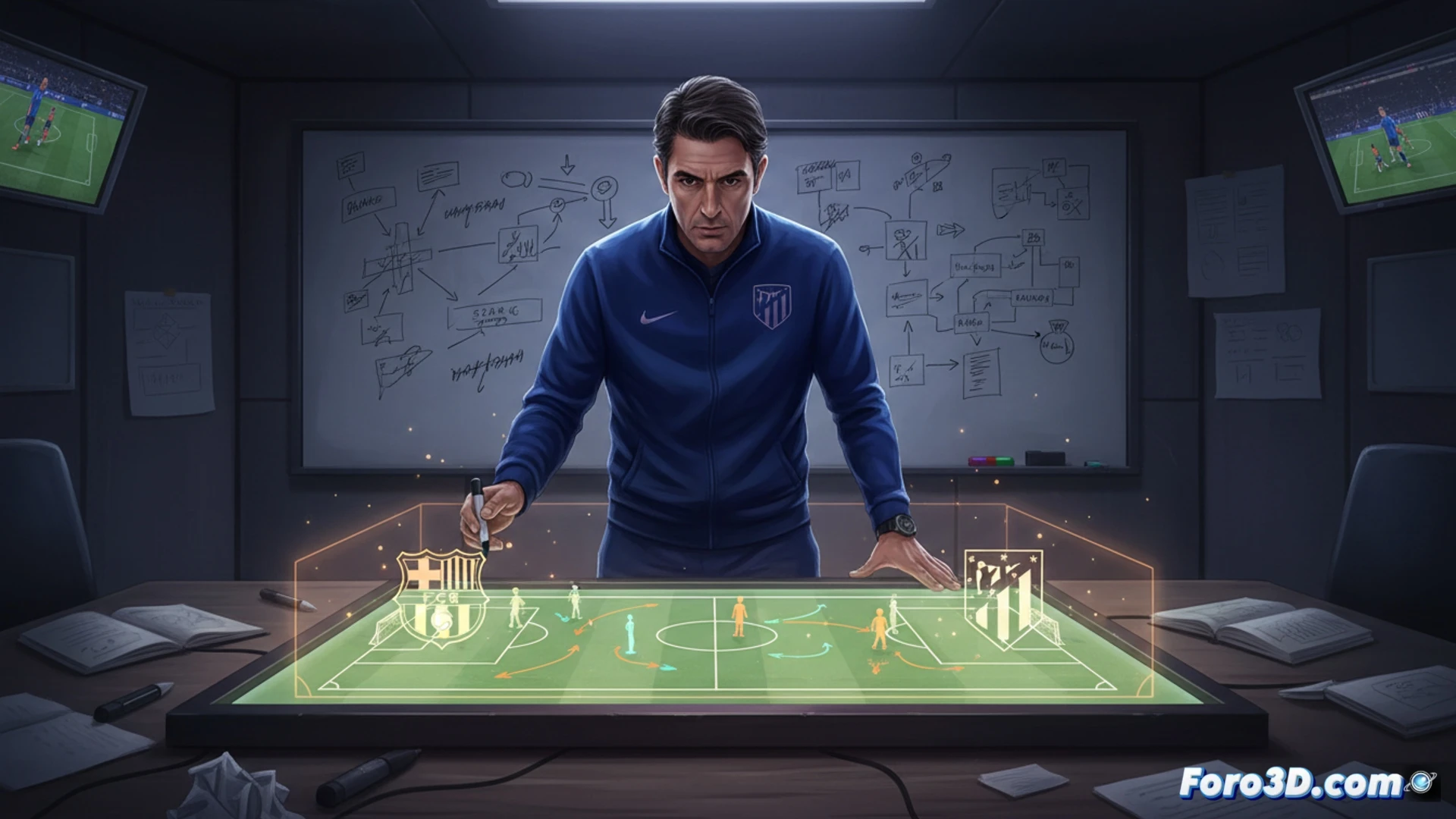 Female football coach analyzing tactical formation on a digital touchscreen tablet, glowing blue tactical lines and player position dots overlaid on a green football pitch, split-screen showing live match footage on left and real-time data analytics on right, cinematic technical illustration style, intense focus on coach's hands adjusting formation diagram, bright stadium lights reflecting off tablet screen, blurred background of players warming up on pitch, ultra-detailed tactical interface with passing arrows and zone highlights, photorealistic sports technology render