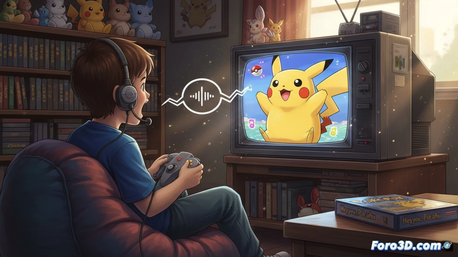Un niño sonríe frente a una Nintendo 64, hablando por un micrófono a Pikachu en pantalla, rodeado de naturaleza y sin combates.