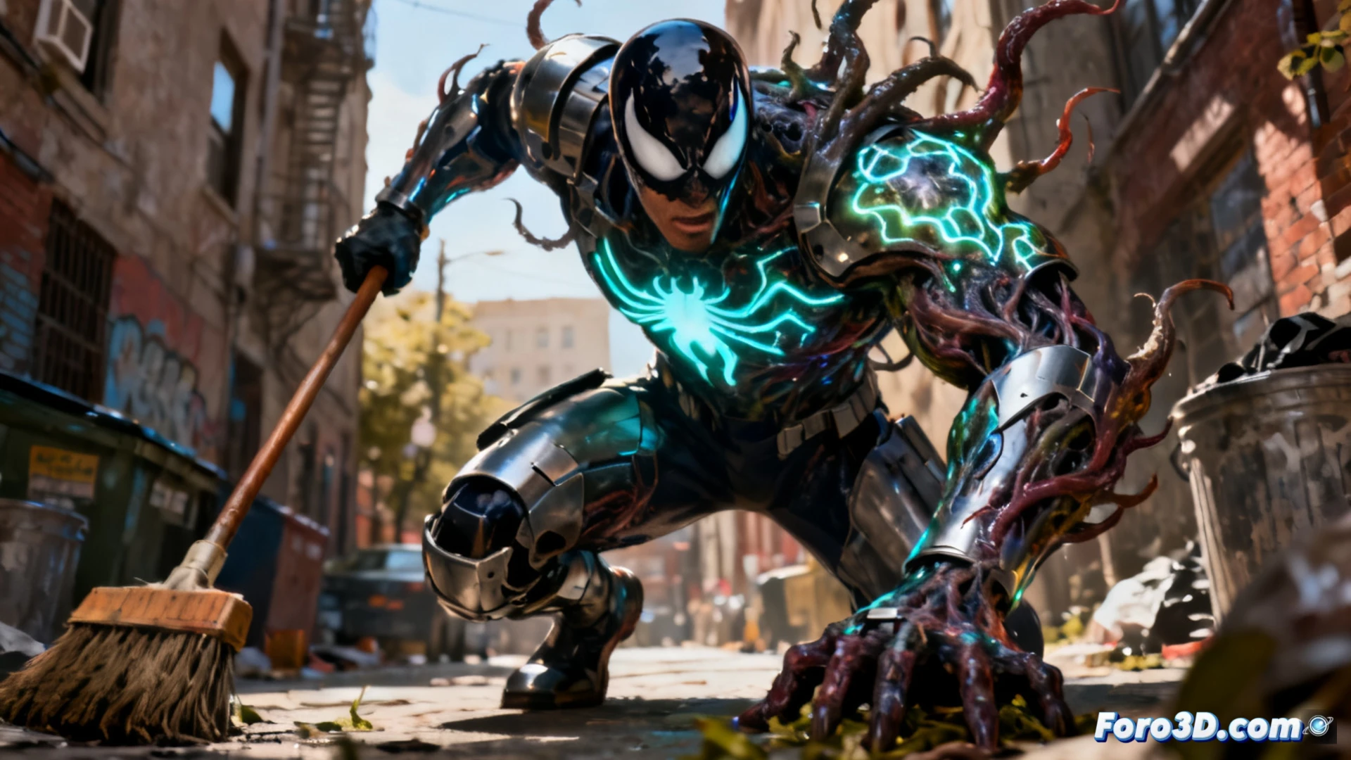 Modelado 3D de Híbrido Marvel con texturas simbióticas en entorno urbano nocturno, activismo digital