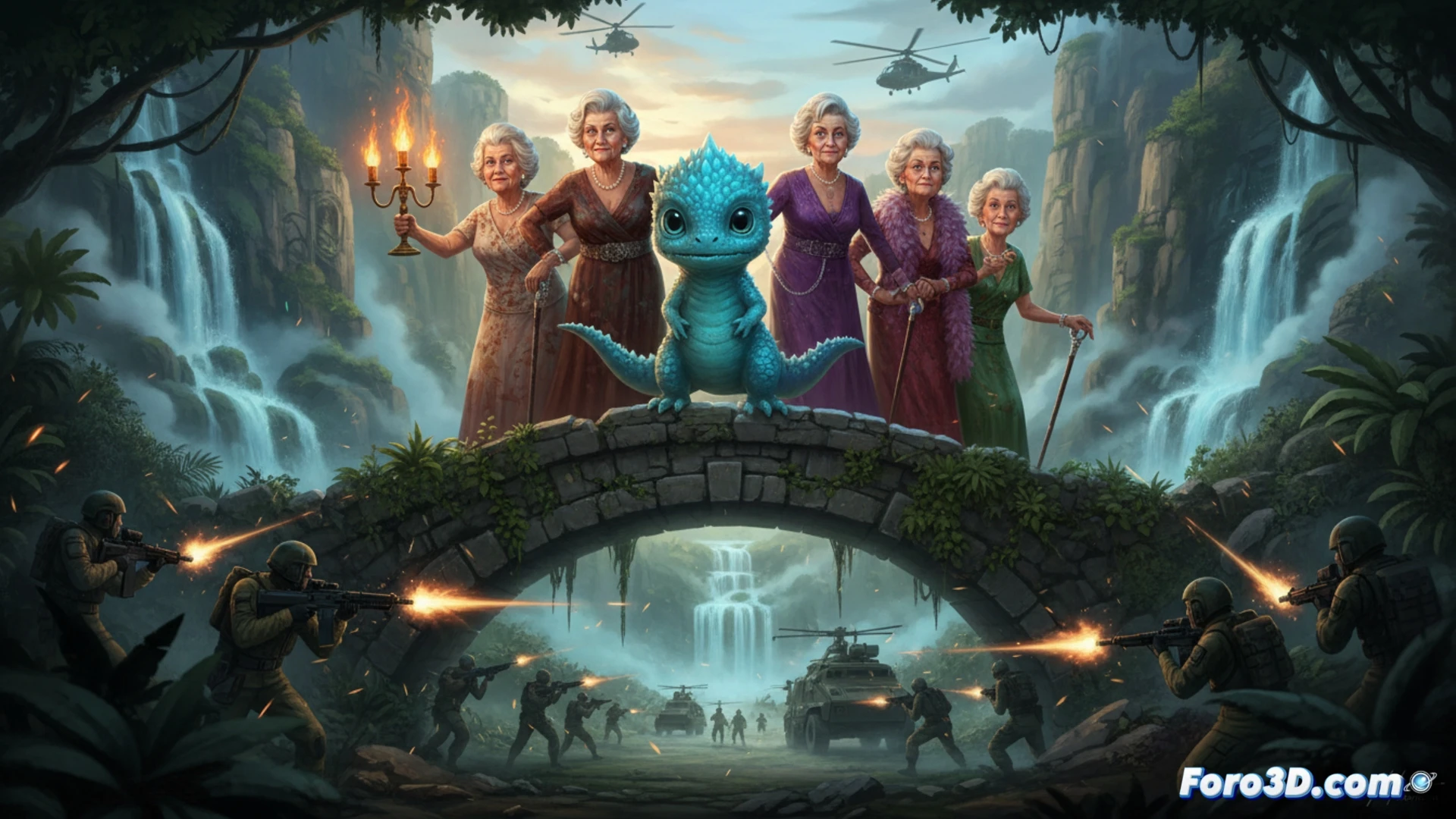 Ancianas estrellas de Hollywood protegen a un kaiju bebé de los militares en un bosque urbano.