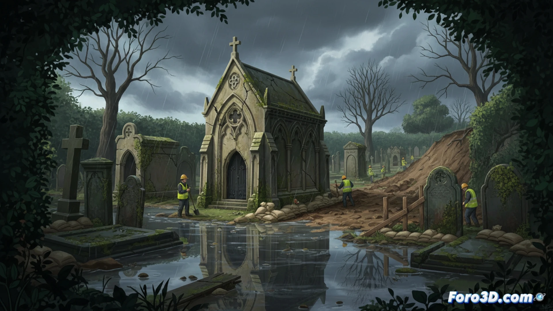 Victorian cemetery path eroded by heavy winter rain, cracked stone angels tilting dangerously, moss-covered tombs with exposed foundations, drainage pipes being installed by workers in high-vis jackets, surveyor measuring ground movement with laser scanner, dark wet soil, gothic ivy-covered chapel in background, cinematic photorealistic technical visualization, dramatic overcast sky, water pooling on gravel, steel scaffolding supporting damaged monuments, ultra-detailed stone textures, environmental restoration scene showing climate adaptation process