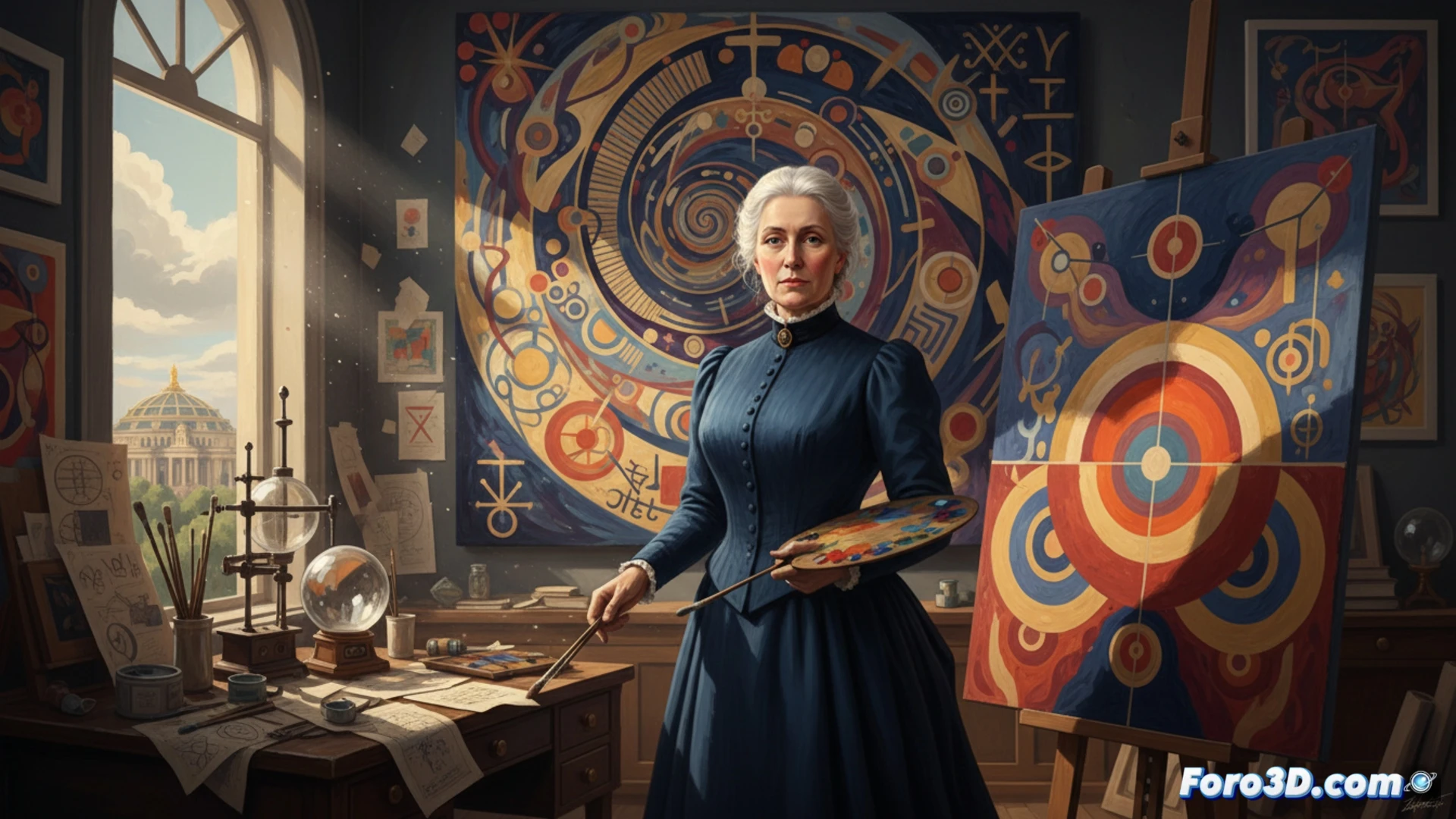 Hilma af Klint in a sunlit 1906 Stockholm studio, paintbrush mid-stroke creating a large geometric abstract canvas with spirals and intersecting circles, spiritual symbols floating around her as she works, esoteric diagrams and botanical sketches pinned on wooden walls, oil paint tubes and glass jars of pigment on a rustic table, soft natural light casting shadows across her focused face and paint-stained hands, cinematic historical recreation, photorealistic period details, muted earth tones with vibrant blue and yellow accents, dust particles dancing in light beams, intimate artistic atmosphere