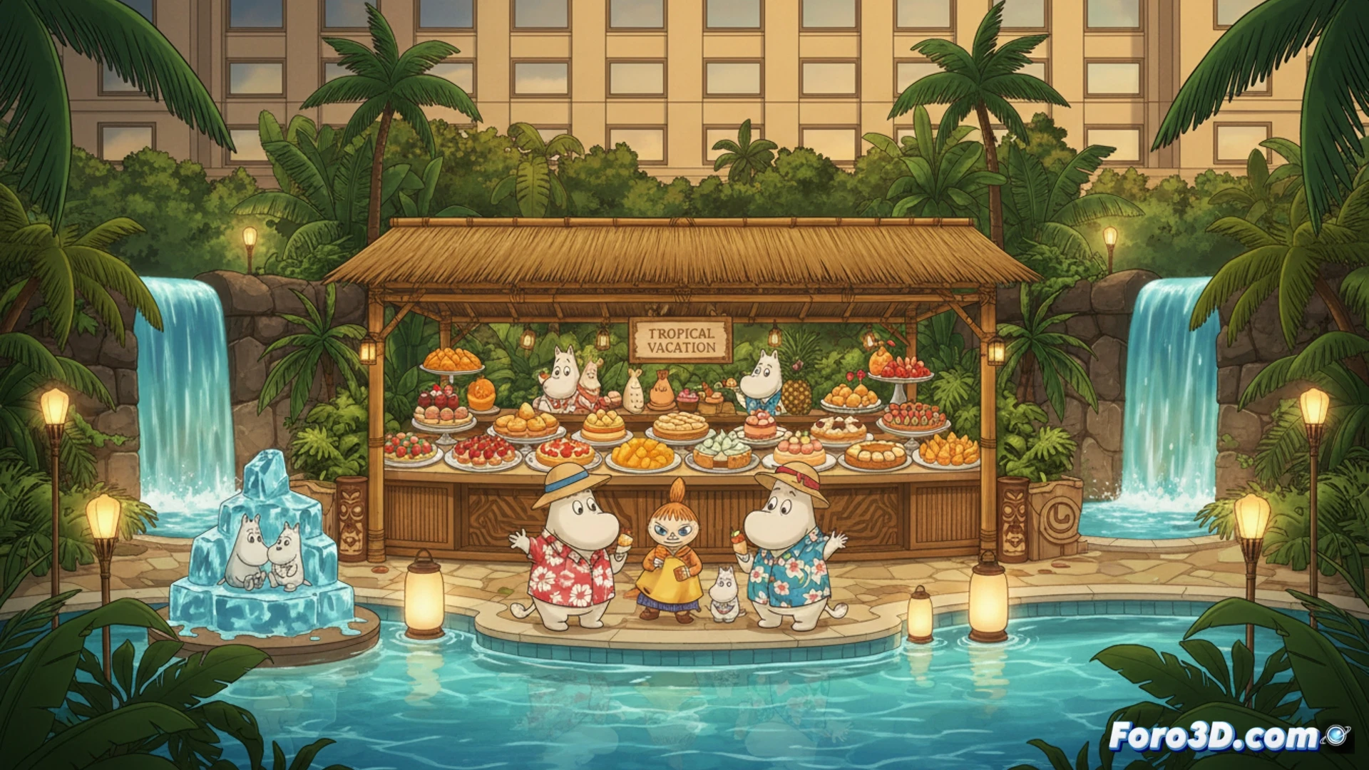 En una mesa colorida, Moomin con sombrero de playa y gafas de sol sonríe junto a un pastel con sombrilla, rodeado de frutas tropicales y flores.