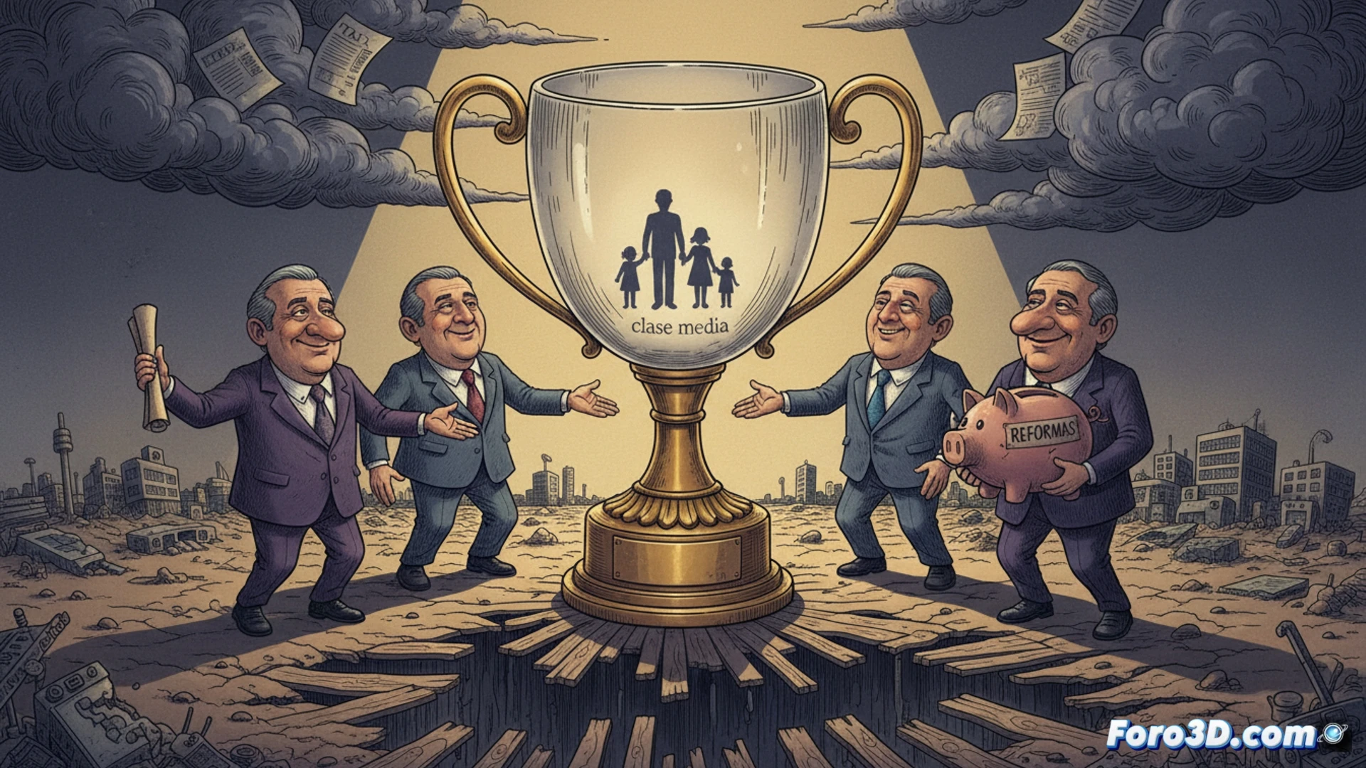 middle-class family standing in a modern voting booth, holding a ballot with blank promises, while a politician’s hand behind a glass barrier offers an empty trophy, ballot box with fake tax reform documents inside, voting machine displaying a broken service icon, cinematic photorealistic technical illustration, dramatic chiaroscuro lighting, metallic booth walls reflecting distorted election posters, shallow depth of field, ultra-detailed textures of paper and plastic, symbolic tension between choice and emptiness