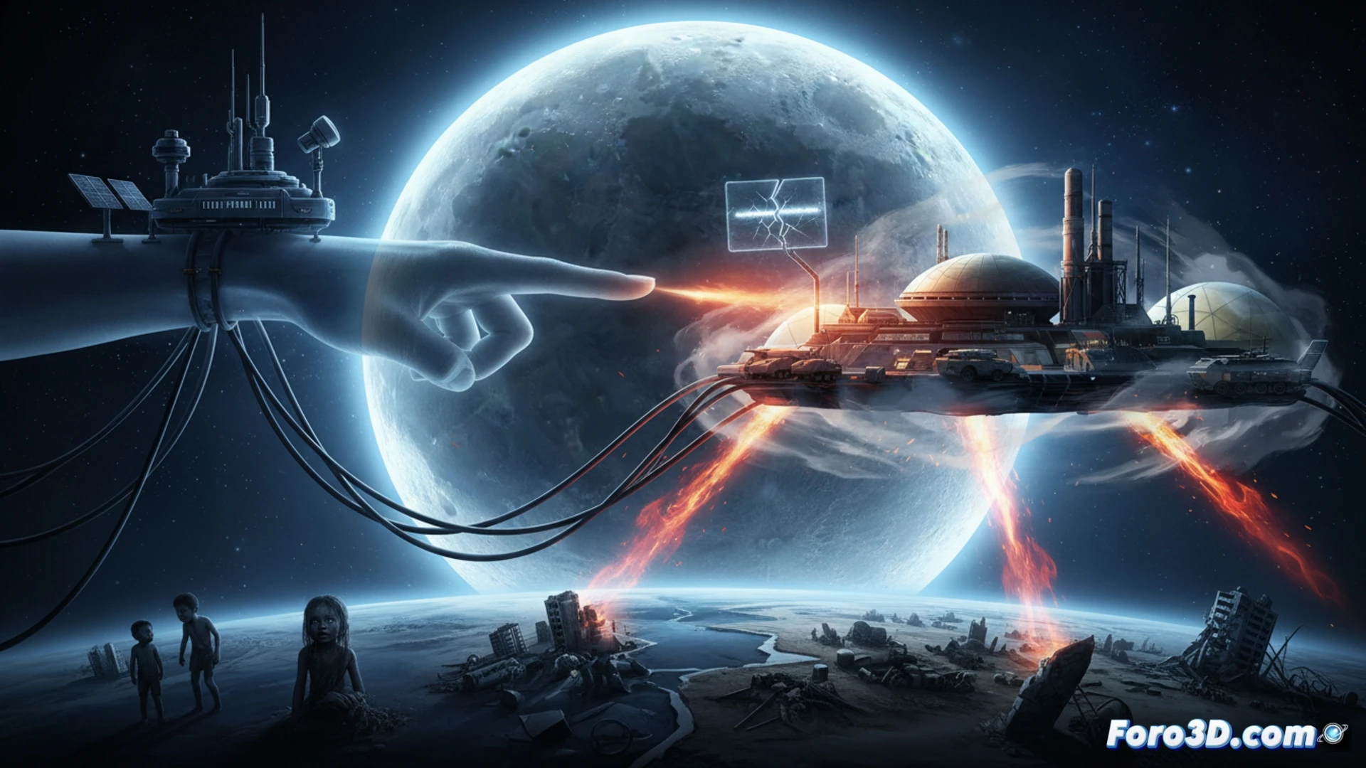 lunar surface scene with two contrasting zones, left side showing a pristine scientific outpost with solar panels and a telescope, right side revealing hidden military structures being assembled under a starry sky, robotic arms welding weaponized components onto a rover, dust particles floating in low gravity, cinematic photorealistic render, cold blue and harsh orange lighting from Earthshine and spotlights, metallic reflections on polished armor plating, craters in background, action of construction contrasting with peaceful exploration, ultra-detailed mechanical joints and wiring, dramatic shadows, technical engineering visualization
