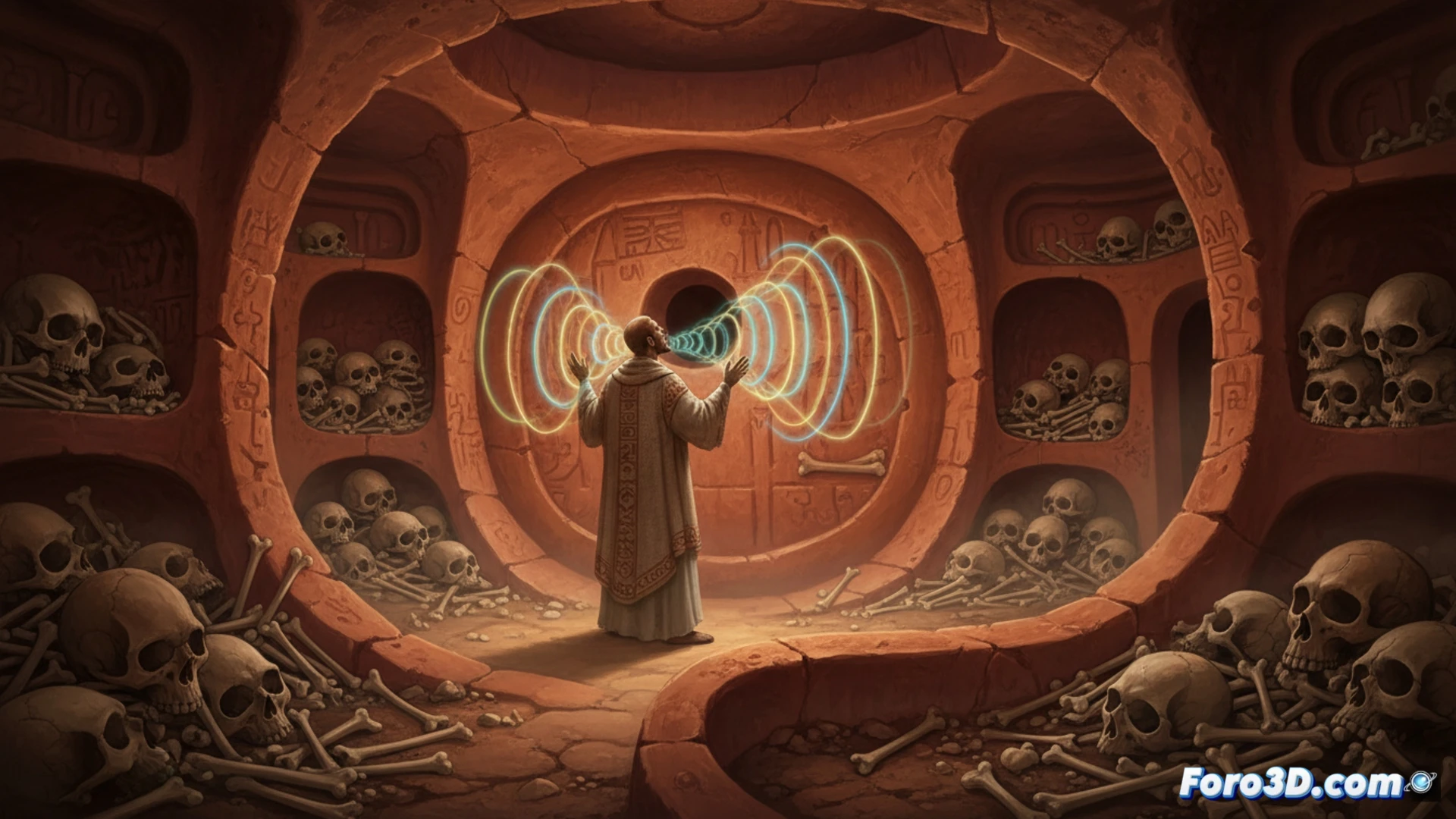 Subterranean chamber with elongated skulls arranged on stone shelves, sound waves visualized as glowing orange frequency rings emanating from a central circular altar, ancient acoustic resonance experiment in progress, three figures with measuring instruments analyzing vibration patterns on carved limestone walls, technical illustration style, photorealistic stone textures, volumetric fog effect, dramatic low-key lighting from single overhead shaft, dust particles suspended in air, precise geometric engravings covering ceiling, hyperdetailed archaeological reconstruction