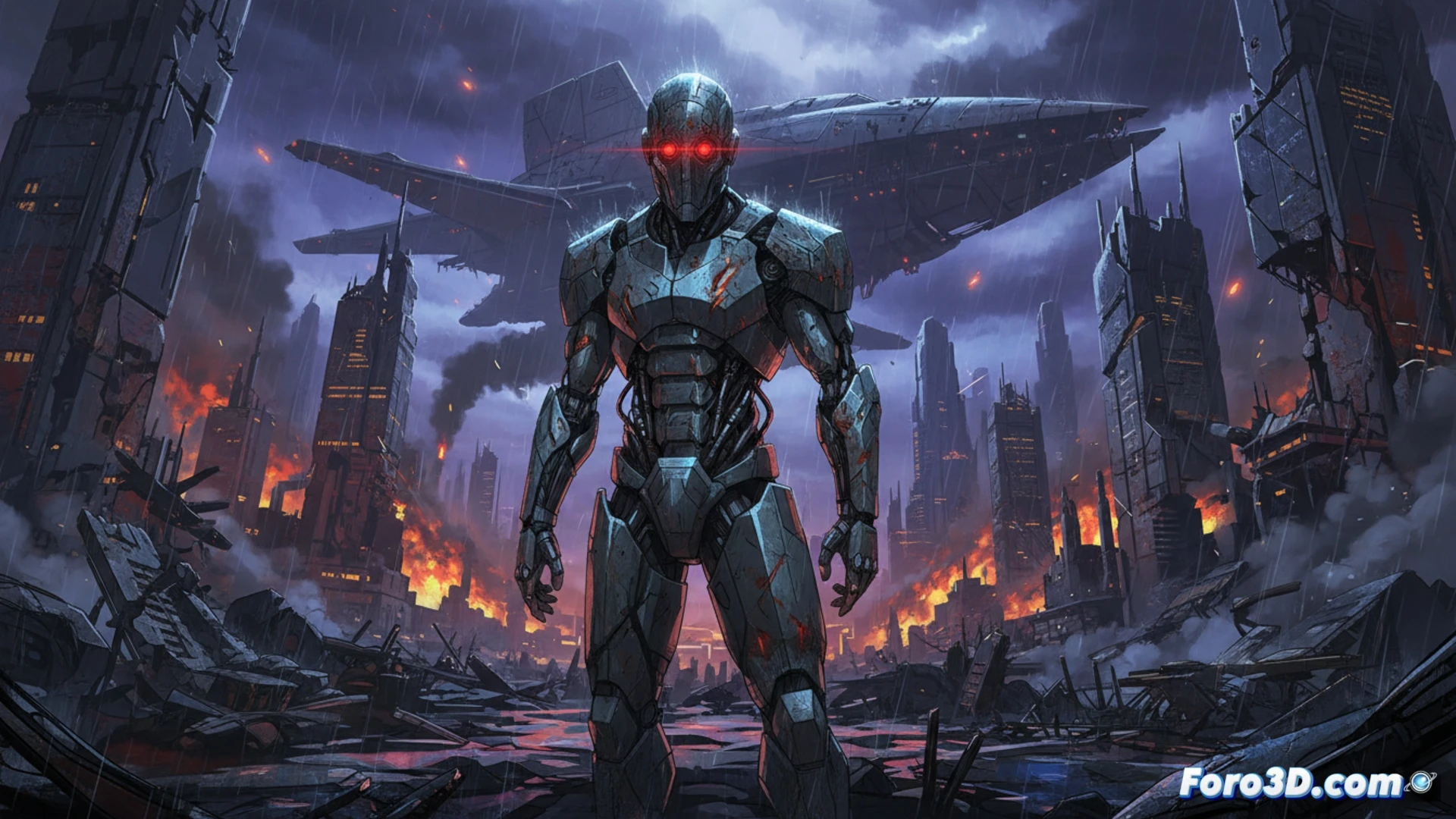 Descripción: Primer plano de un rostro humanoide digital con texturas rugosas y cicatrices, bajo una lluvia metálica, en un paisaje industrial oscuro con destellos neón.