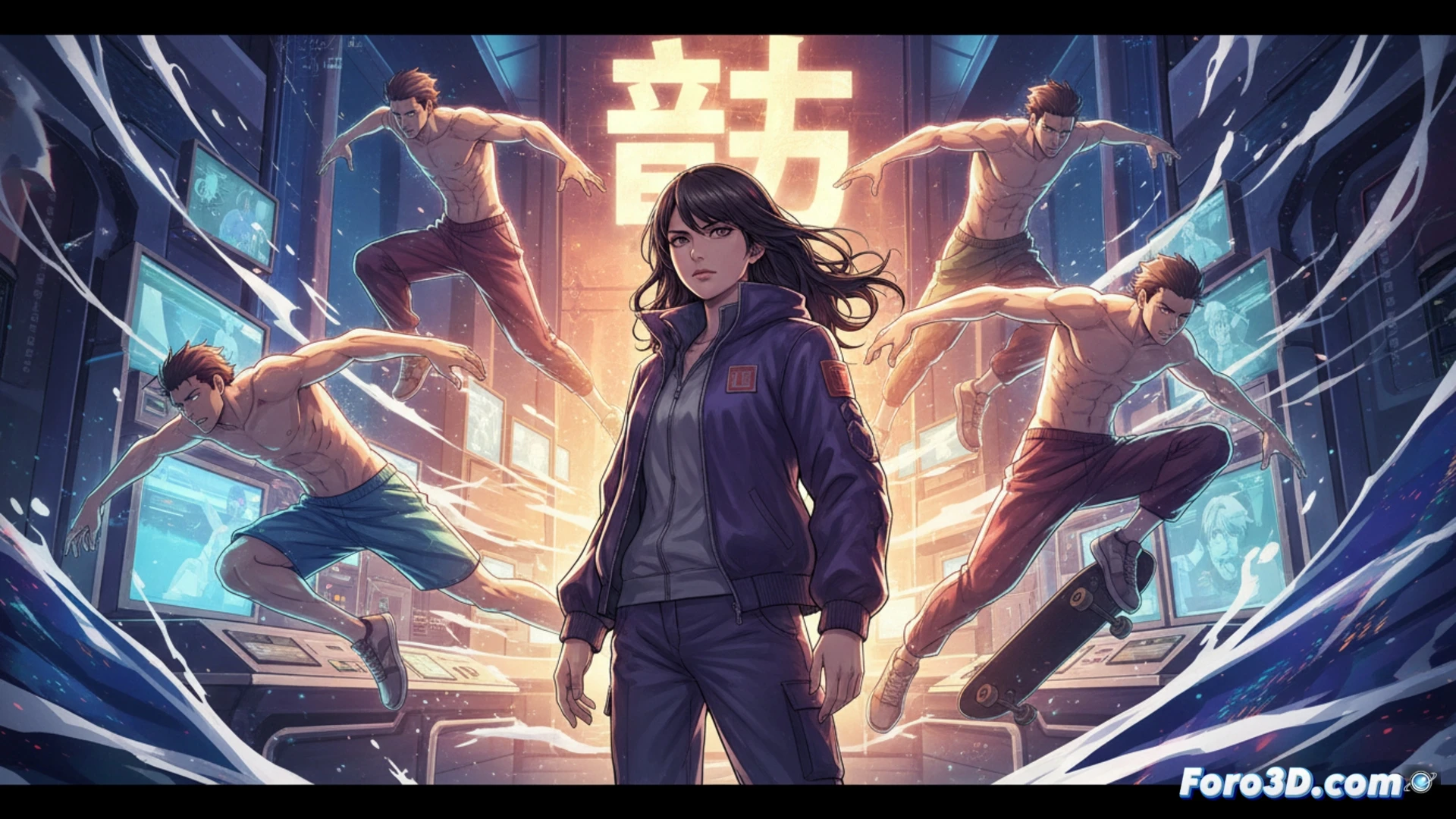 Anime still de Hiroko Utsumi: un nadador de Free! y un skater de SK8 en pleno salto, con líneas de movimiento y anatomía estilizada.