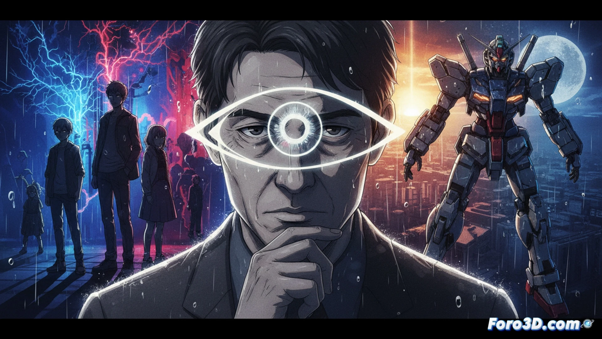 Plano cenital de un joven mirando hacia arriba, con luces neón azul y rosa reflejándose en sus ojos, sobre un fondo urbano borroso y melancólico.