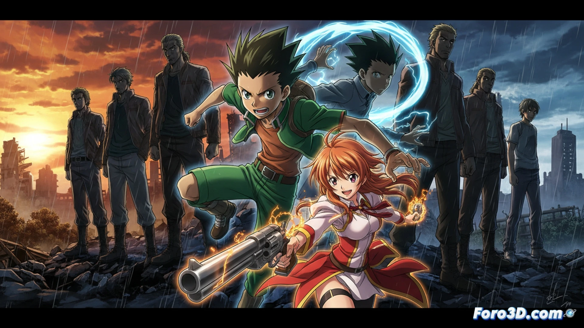 Hiroshi Kojina dirige una escena caótica de Hunter x Hunter, con storyboards y personajes en acción dinámica.