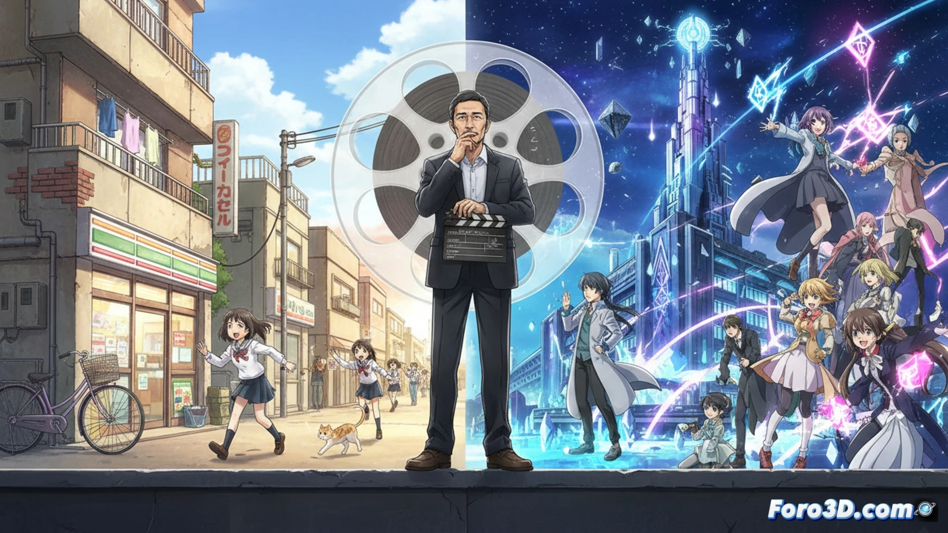 anime director Hiroshi Nishikiori style split scene, left side chaotic school hallway with multiple students in uniform running and laughing, right side magical battle with glowing energy beams and floating characters, city skyline visible through windows, director holding a script and storyboard panels while observing both scenes, cinematic digital painting, warm golden lighting on school side, cool blue magical glow on battle side, dynamic action poses, detailed urban background, technical animation production elements like light table and cel sheets visible in foreground, photorealistic anime-inspired art style