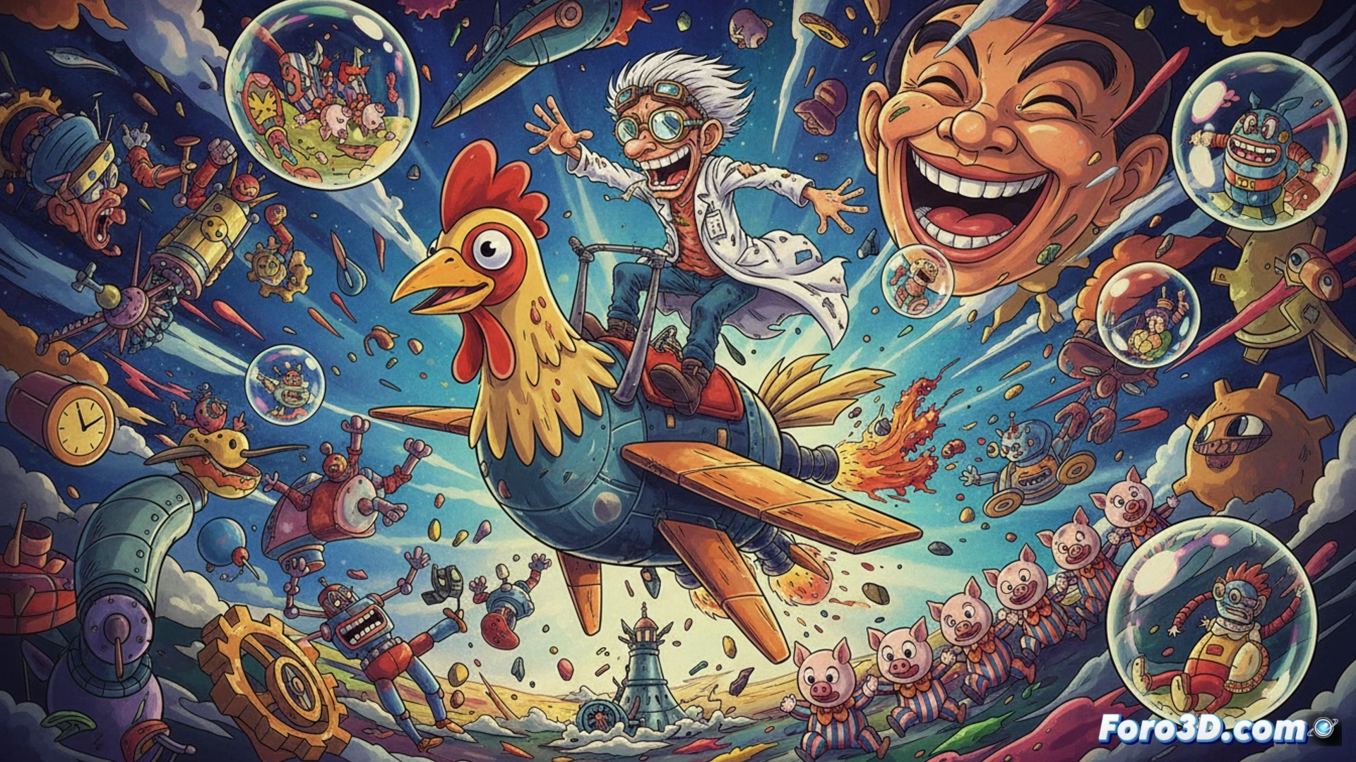 animated vintage anime studio scene, Hiroshi Sasagawa-style character designs in motion, exaggerated slapstick action with a character slipping on a banana peel while holding a mechanical bird, another character comically crashing into a stack of cels and animation discs, retro Tatsunoko production desk with light table and peg bars, surreal absurd humor visible in oversized props and distorted facial expressions, cinematic technical illustration, warm 1970s cel animation lighting, hand-drawn texture overlays, dynamic pose with motion lines, photorealistic studio clutter, nostalgic artistic atmosphere