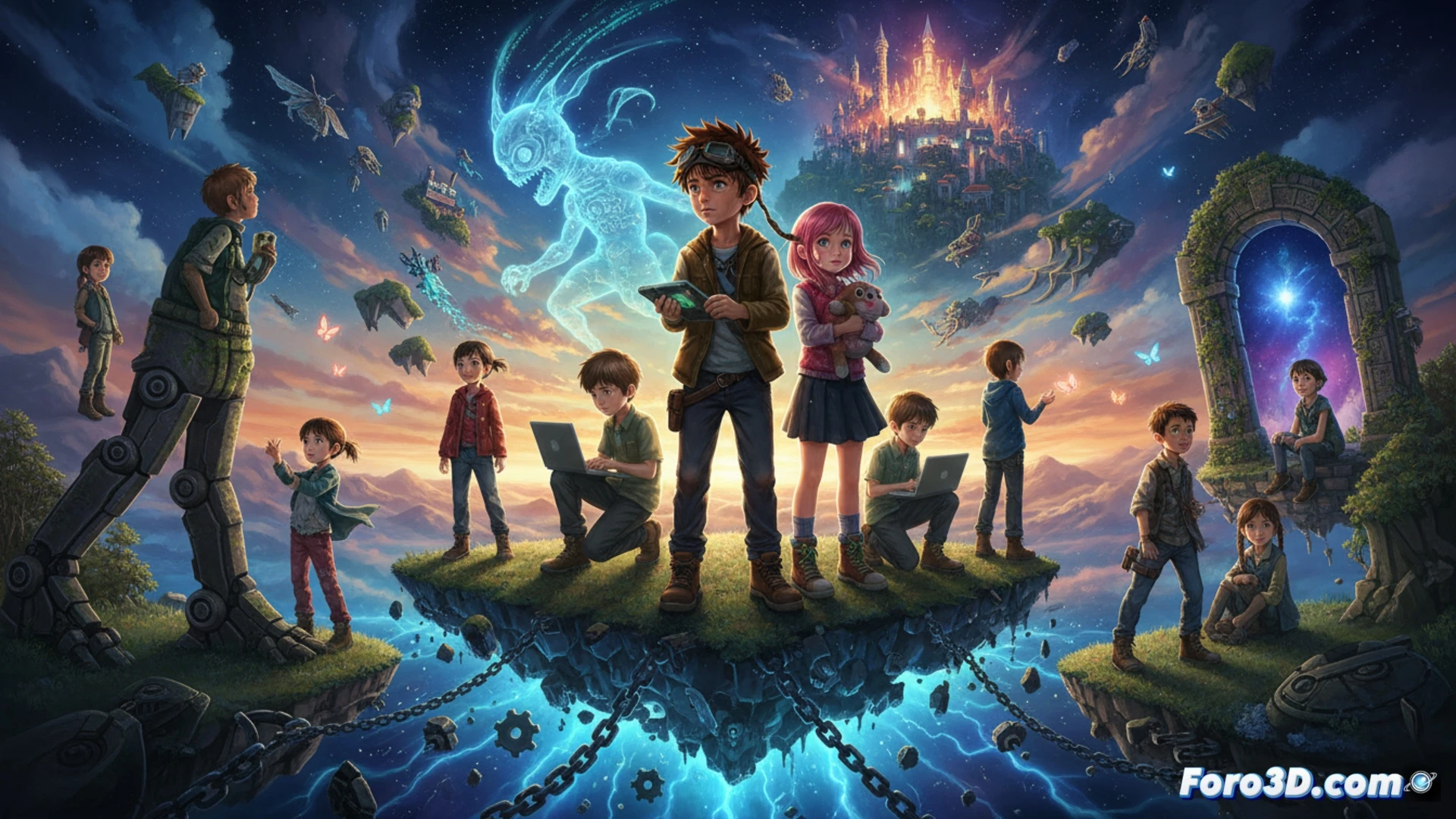 Japanese animation cel of a young boy standing at the edge of a digital void, holding a worn digivice, light particles swirling around him while shadowy monster silhouettes emerge from a cracked screen surface, cinematic fantasy illustration, dramatic side lighting, glowing circuit patterns in the background, photorealistic anime style, motion blur on the boy's hair and clothing, digital debris floating mid-air, emotional tension showing abandonment and growth, ultra-detailed textures on the digivice and torn fabric, moody blue and purple color palette, high-contrast shadows