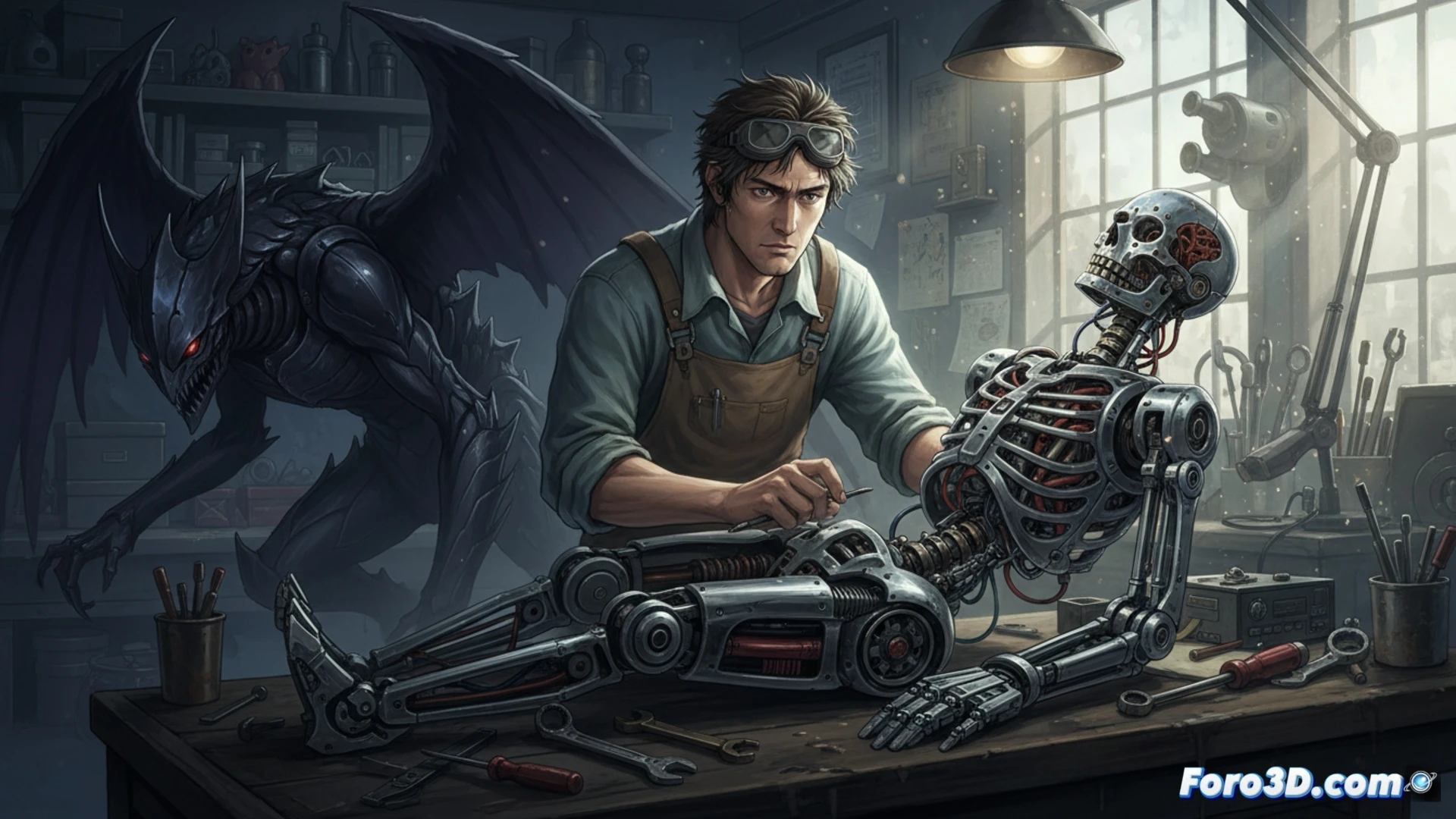 Descripción detallada: Primer plano de un intrincado engranaje mecánico oxidado, con sombras profundas y luz tenue. Al fondo, un storyboard de Blood: El último vampiro, con anotaciones técnicas minuciosas. La atmósfera es oscura y densa, evocando la obsesión artesanal de Kitakubo.