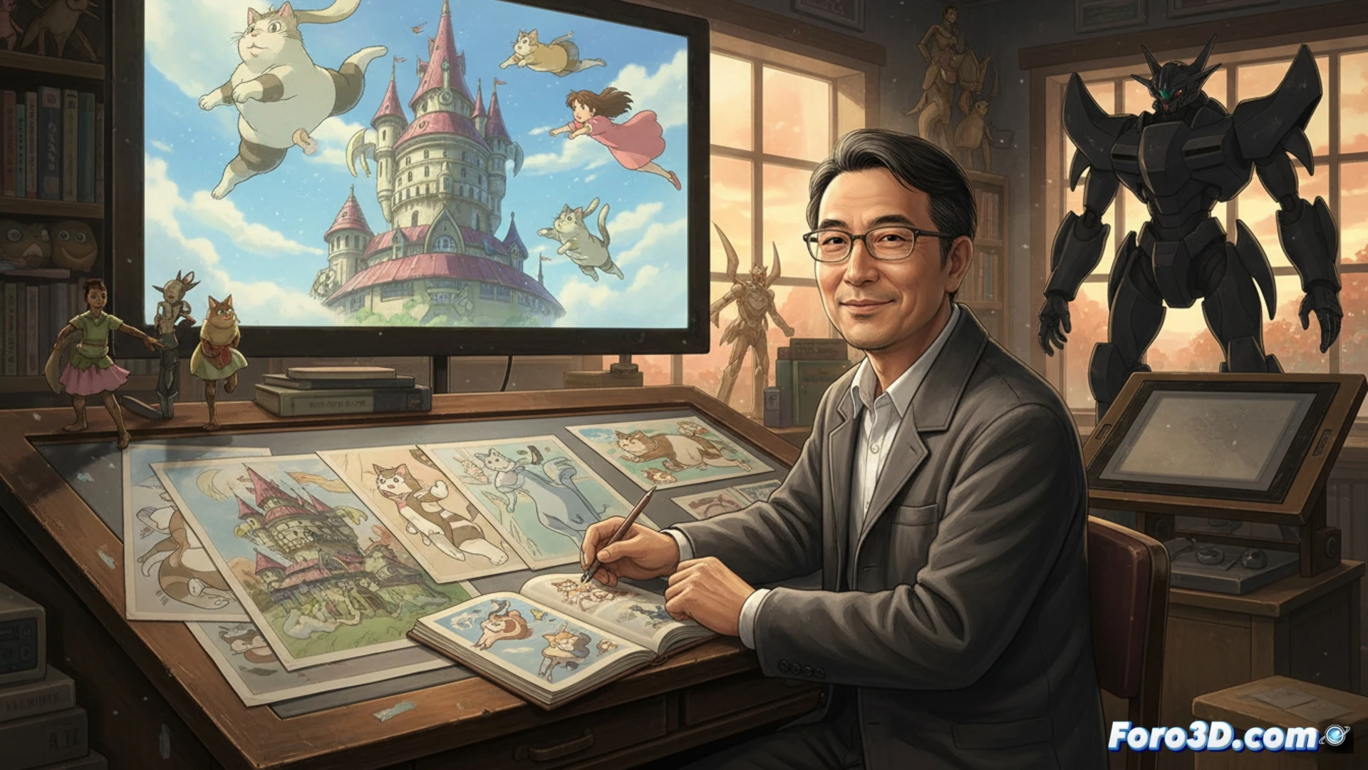 Un dibujo de Hiroyuki Morita sonriente, rodeado de bocetos de Haru y gatos en movimiento fluido, con tonos suaves de Ghibli.