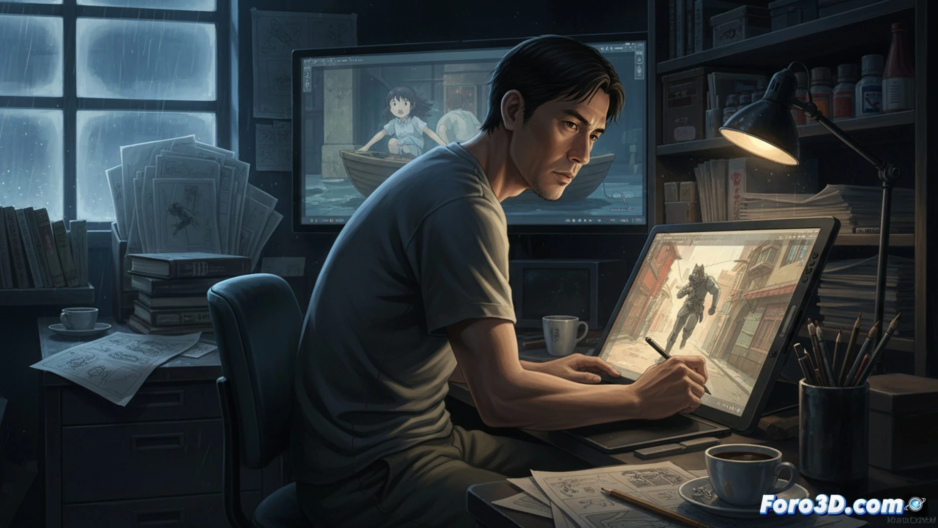 Un animador observa un boceto de Jin-Roh, con movimientos humanos detallados y sombras realistas sobre fondo oscuro.