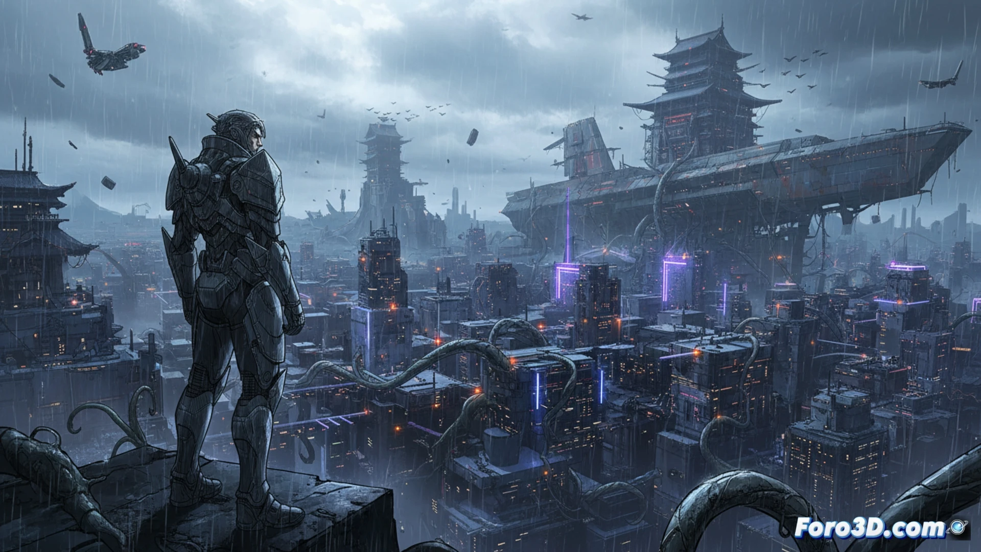 Hiroyuki Seshita ante pantalla con criatura cyber-tradicional, mezclando CGI y alma del anime en tonos oscuros.