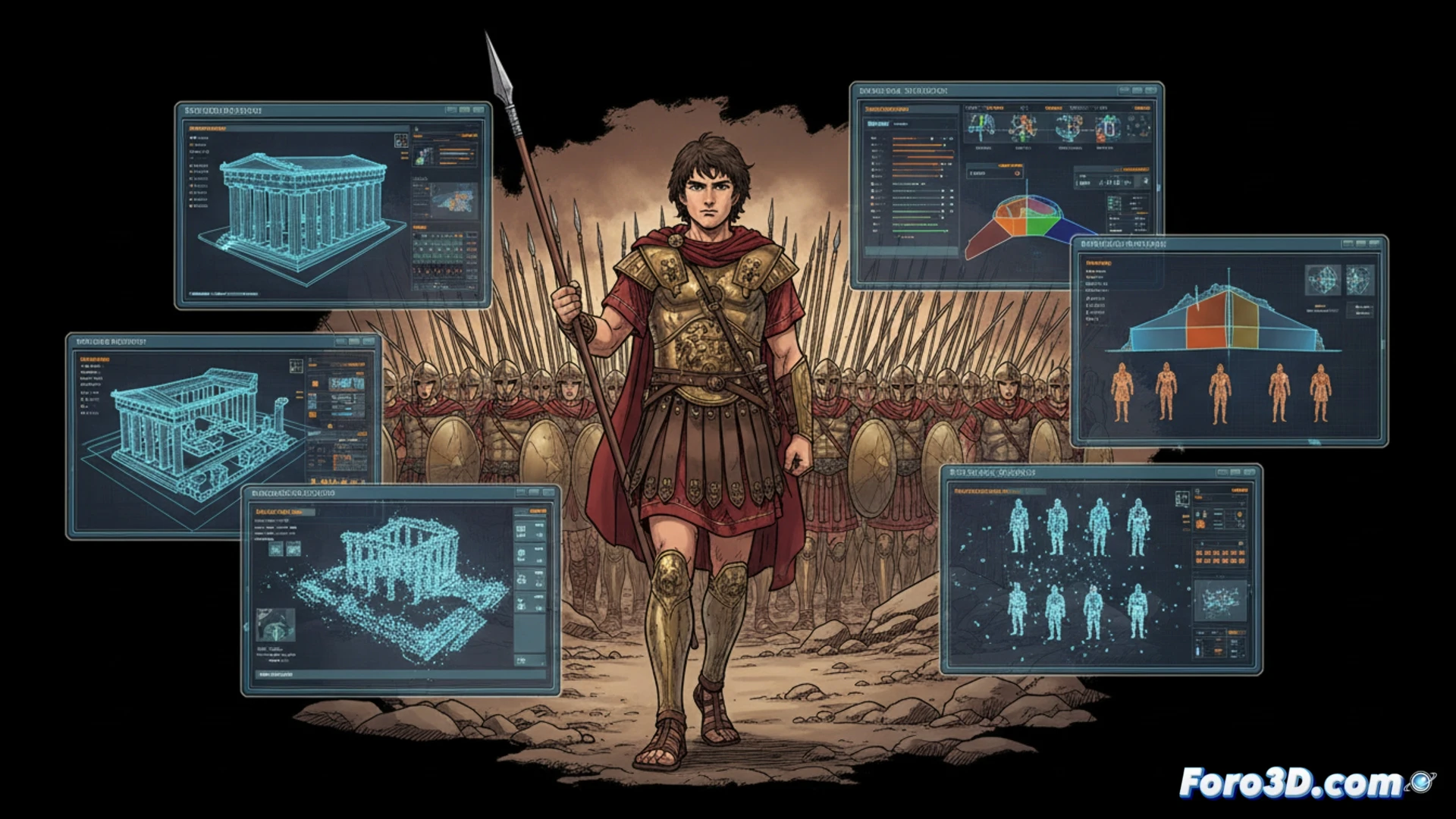 Viñeta de manga Historie mostrando falange macedonia con detalles arquitectónicos y equipo militar helénico