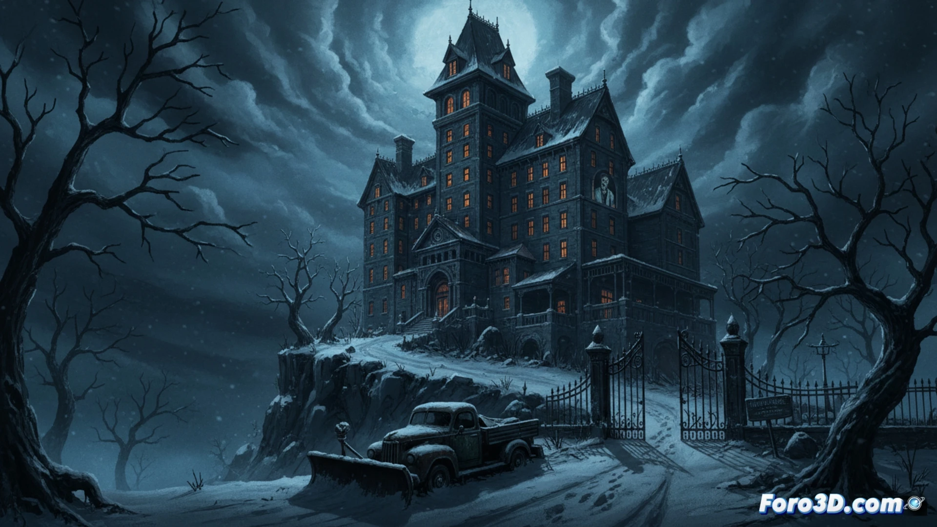 Un cartel vintage de hotel iluminado por neón rojo, con un pasillo tenebroso y un niño mirando al fondo, evoca el terror de Stephen King.