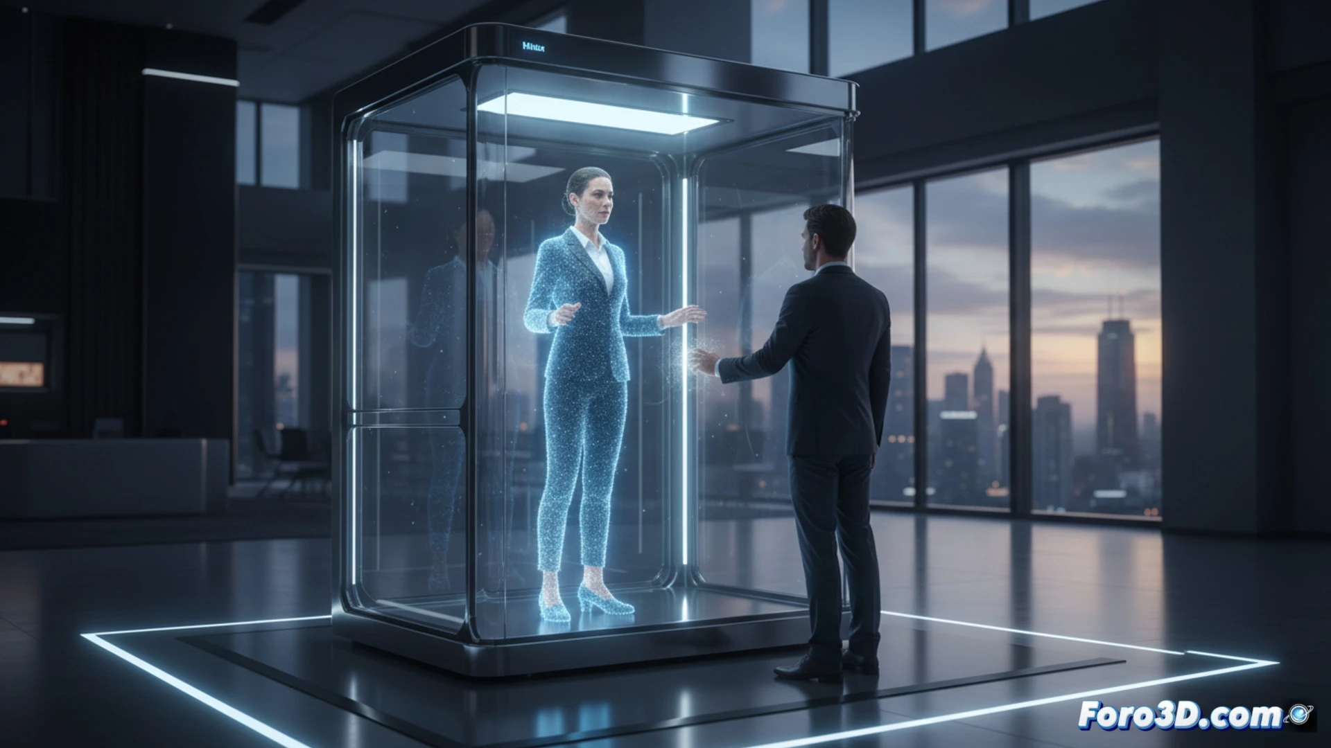Holobox de Holoconnects mostrando un holograma 3D a escala real en una oficina empresarial moderna