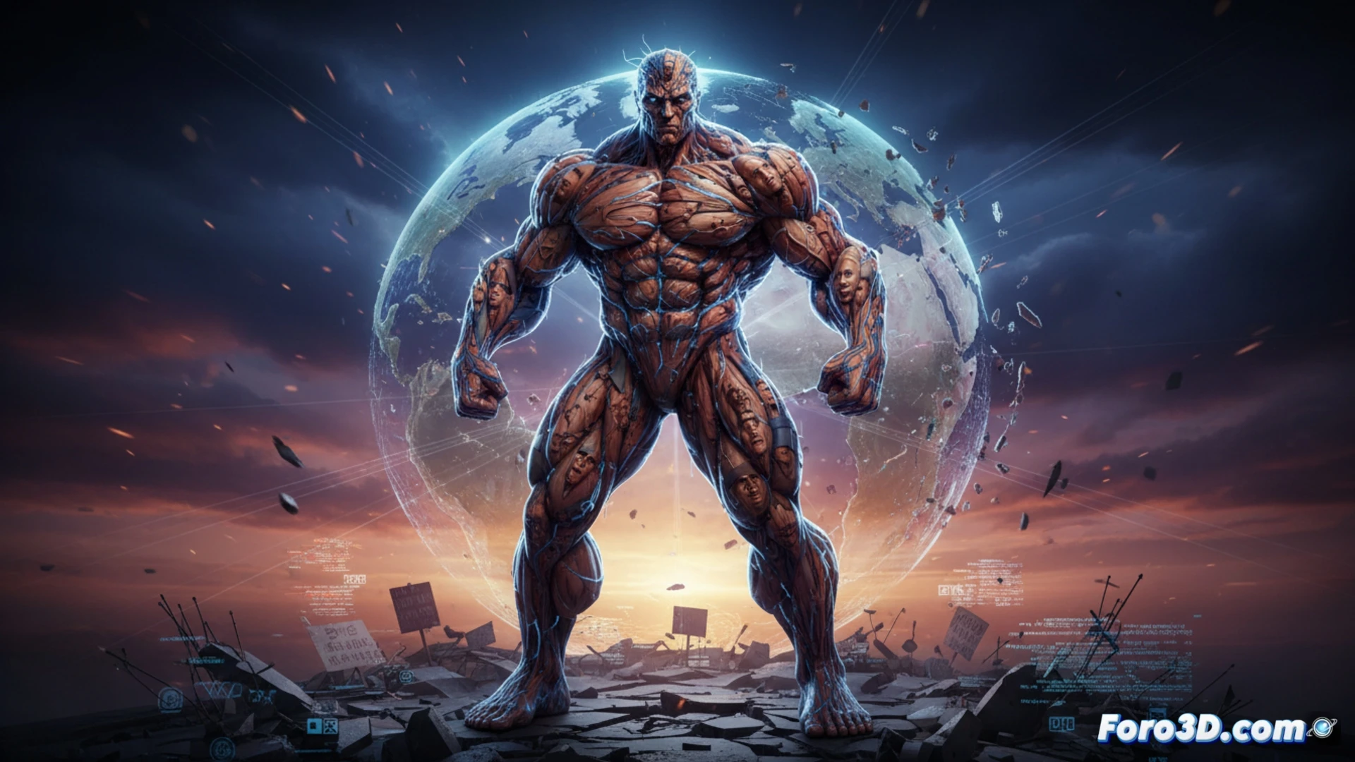 Modelado 3D del Hombre Colectivo de Marvel, símbolo de unidad y poder popular en arte digital activista
