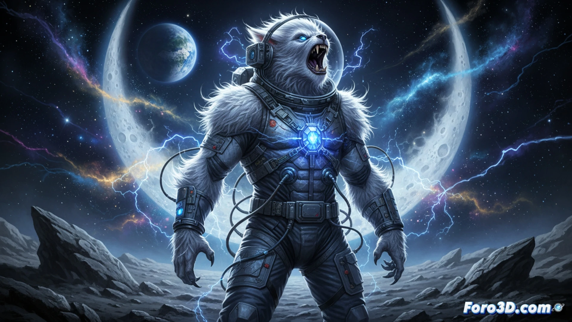 Hombre Lobo blanco lunar, John Jameson, aúlla bajo la Luna llena con gema extraterrestre brillante.