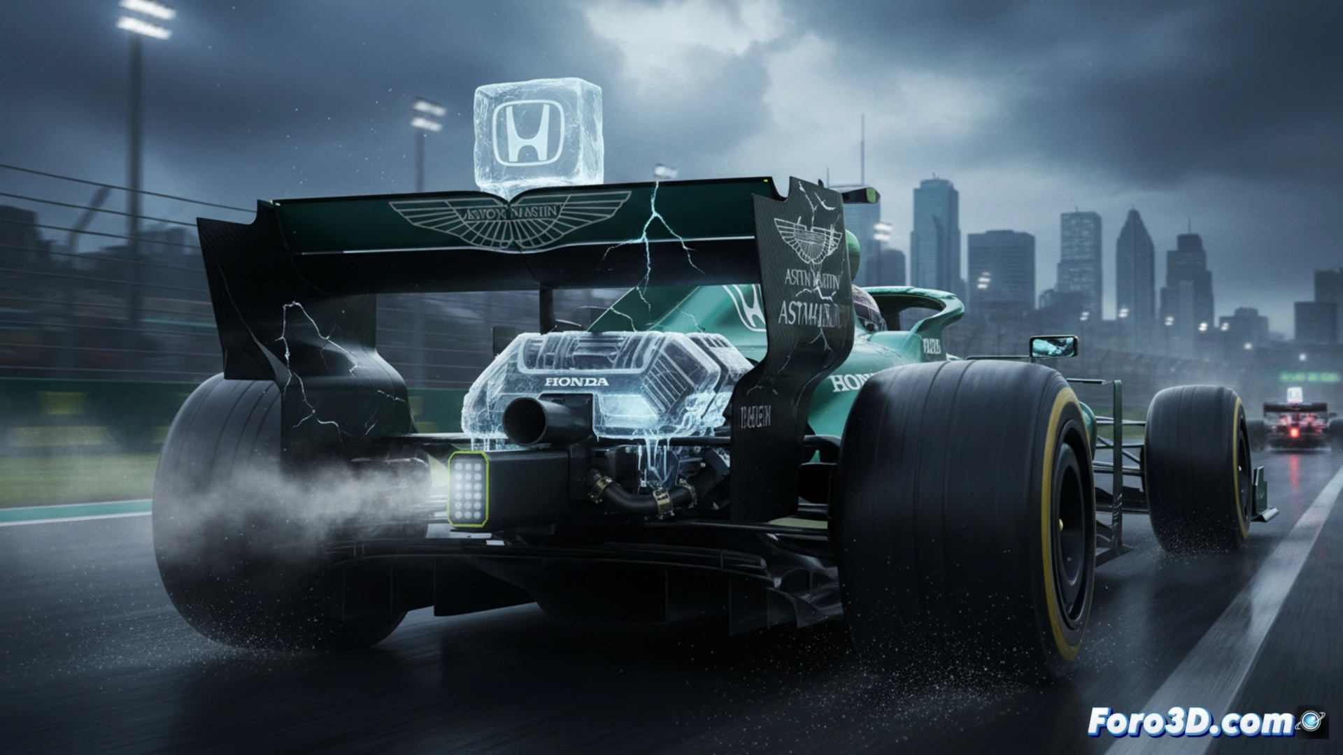 Aston Martin F1 car on Circuit Gilles Villeneuve straight, rear wing stalled for low downforce, engine bay exposed revealing Honda power unit with frozen specification label, mechanical components locked by red security clamps, no upgrade parts visible, telemetry screens showing flat power curves and missing performance delta, pit wall engineers gesturing frustration, cinematic technical illustration, photorealistic metallic surfaces, dramatic overcast Montreal sky, blurred grandstands, spark trails from underfloor, tension in pit lane activity, ultra-detailed engine internals, race day atmosphere