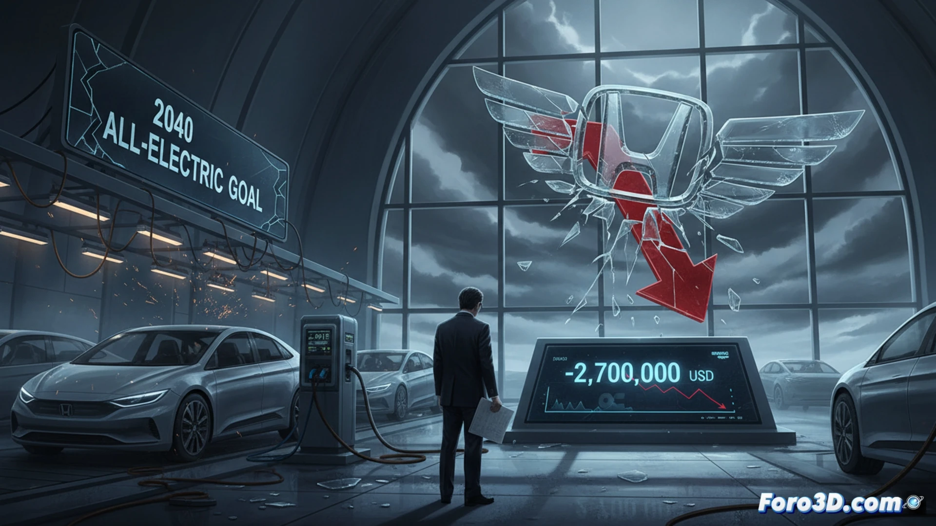Honda assembly line showing a partially disassembled electric vehicle with exposed battery pack and wiring harness, engineers in white coats removing components while red warning lights flash overhead, financial documents and stock charts being shredded on a nearby desk, abandoned robotic arms frozen mid-motion, technical illustration style, cold blue and grey industrial lighting, metallic surfaces reflecting dim emergency lights, dust particles suspended in air, photorealistic engineering visualization, dramatic shadows across empty production floor