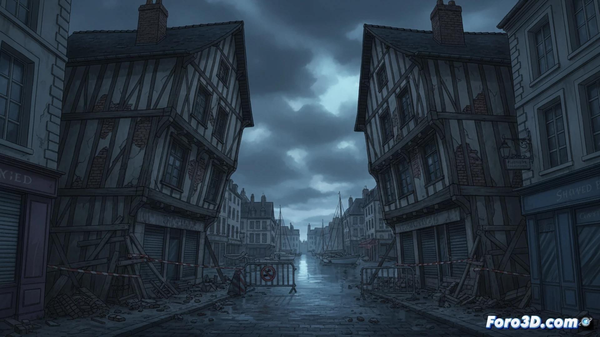 cinematic photorealistic scene of two historic timber-framed buildings in Honfleur leaning dangerously inward, cracked stone foundations exposed, wooden beams visibly splitting under stress, a yellow evacuation barrier blocking the cobblestone street, workers in safety vests using laser distance measurers and structural monitoring sensors while unstable roof tiles slide off, dust particles suspended in grey overcast light, technical engineering visualization with annotated stress lines glowing faintly on the facades, damp stains spreading from broken gutters, cobblestones displaced by recent settlement, dramatic urban crisis atmosphere, ultra-detailed masonry textures, photorealistic architectural render