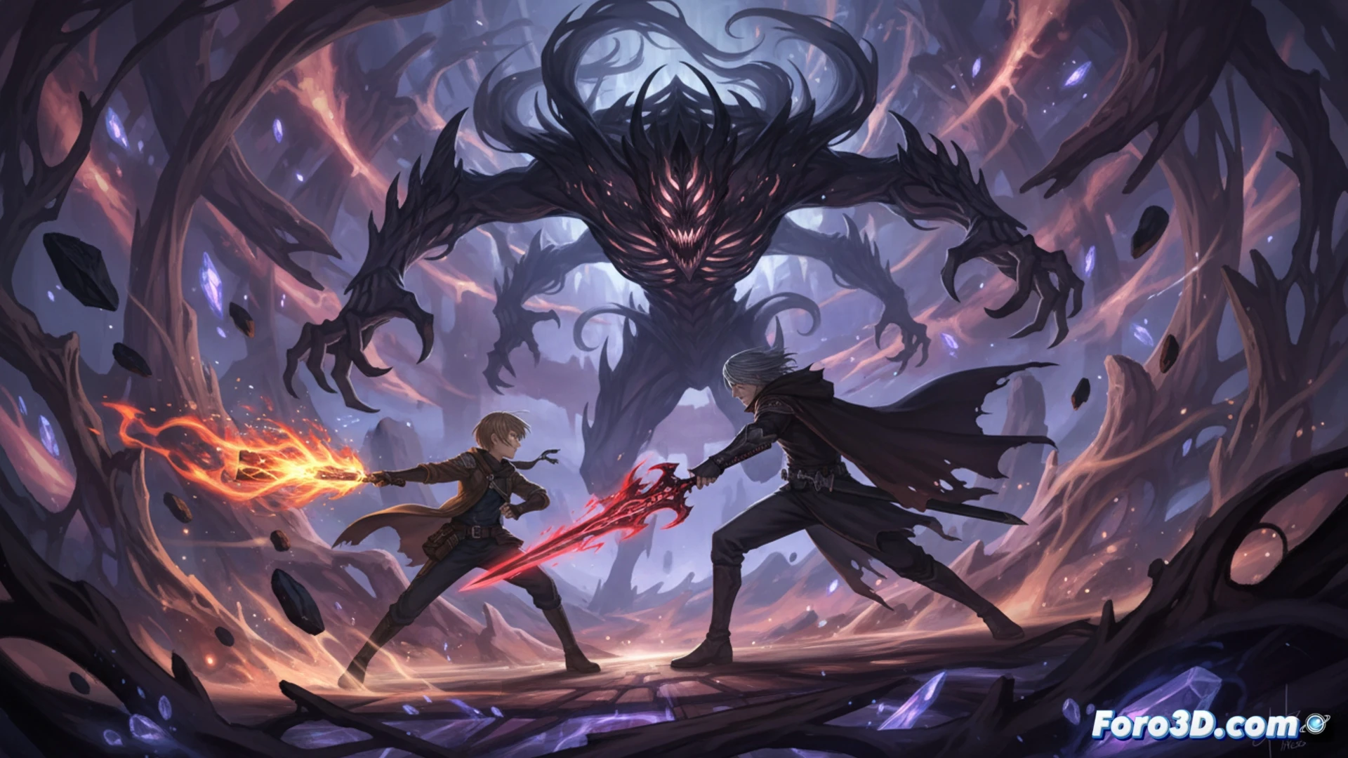 Ancient cosmic entity awakening inside a hollow planetary shell, giant maw of Voracity cracking open the sky, Trailblazer and Mortenax Blade standing on fractured rock facing a towering shadow of Asat Pramad, sword of Blade glowing with final fatal energy, debris floating in zero gravity, cinematic cinematic sci-fi illustration, epic scale, dramatic side lighting, deep purples and blacks, glowing orange fissures, ultra-detailed alien biomechanical textures, realistic volumetric fog, intense action pose, photorealistic fantasy render