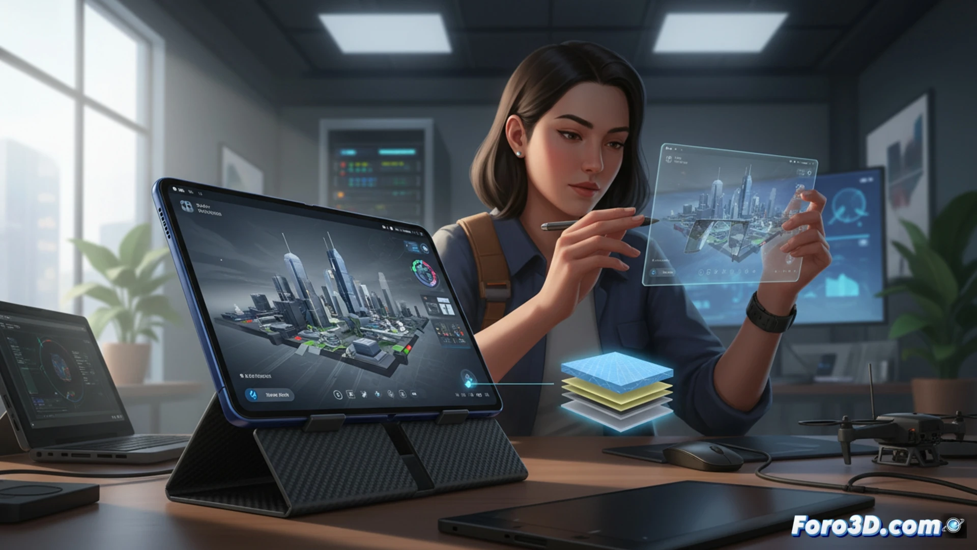 Honor Magic V3 plegable fino sobre mesa con modelo 3D en pantalla y lápiz óptico