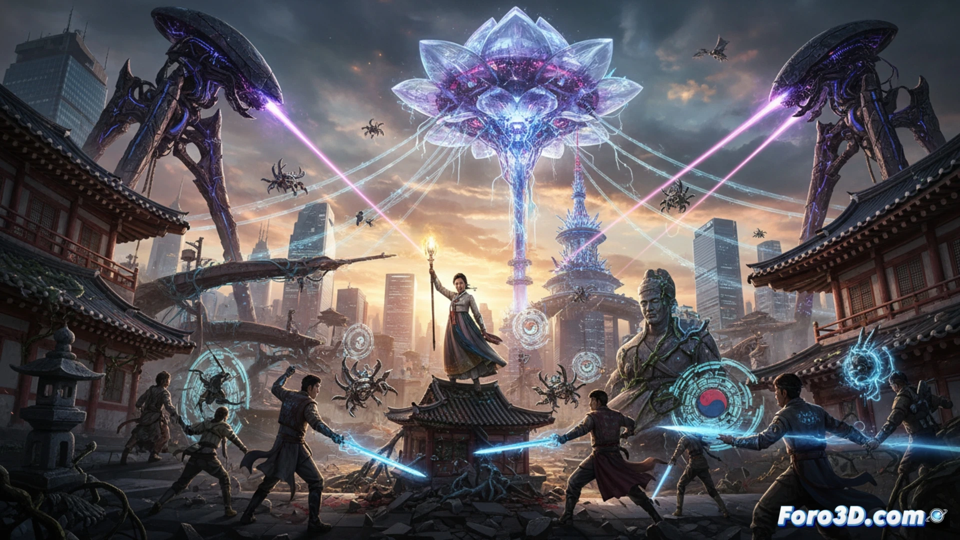 Korean hanok village under alien invasion, traditional curved rooftops with glowing alien spacecraft hovering above, bright neon pink and blue energy beams intersecting ancient wooden structures, a giant robotic tiger statue mid-leap across the street, shattered holographic screens floating in the air, cinematic sci-fi fantasy visualization, dramatic explosion of hanbok fabric patterns and digital debris, ultra-detailed traditional Korean architecture clashing with sleek extraterrestrial technology, photorealistic technical render, dynamic motion blur, intense atmospheric fog, high-contrast lighting with neon accents, chaotic action scene demonstrating cultural fusion