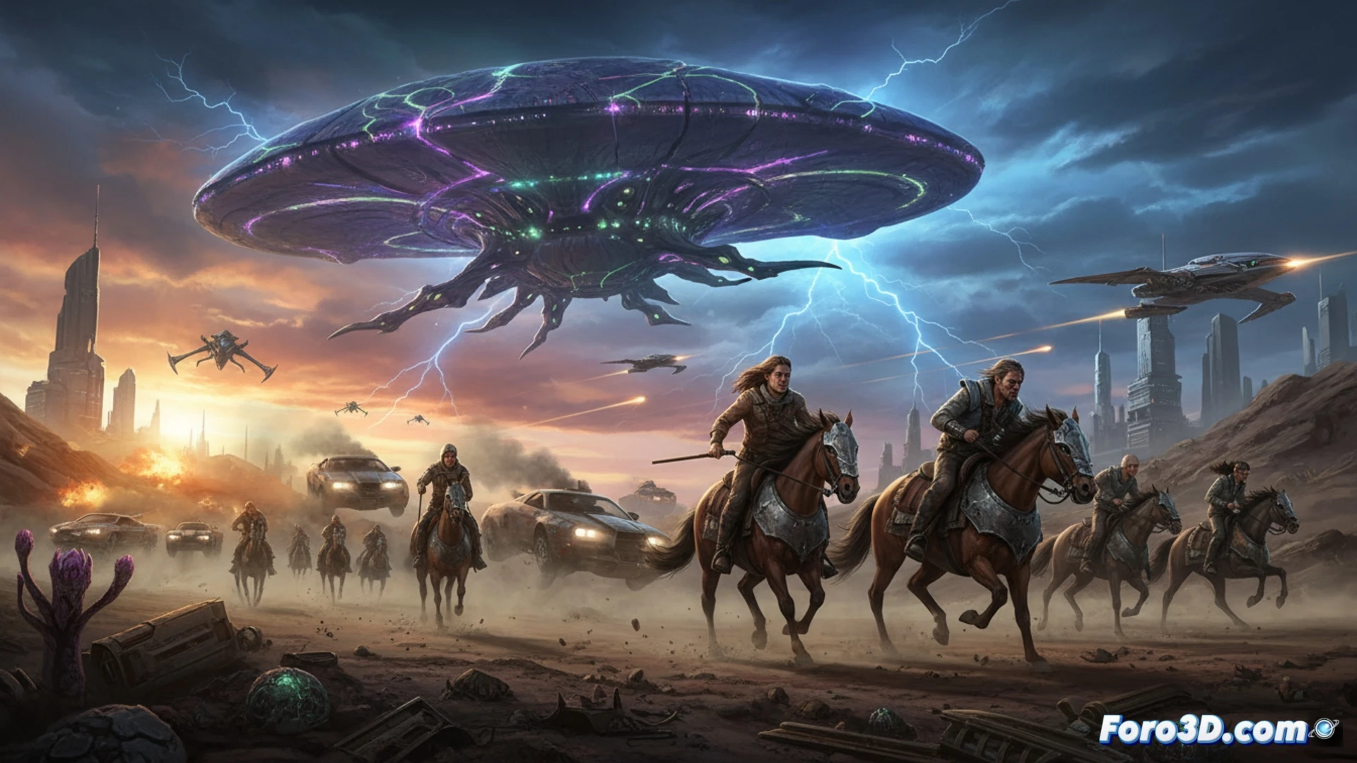 persecución ecuestre en carretera asfaltada, caballo galopando junto a un coche deportivo volcado, alienígena biomecánico con extremidades alargadas saltando desde el techo del vehículo, polvo y chispas elevándose durante el impacto, estilo cinematográfico de terror sci-fi, iluminación nocturna con faros rotos y neón azul, cámara lenta mostrando la tensión del combate, textura metálica de la criatura con detalles orgánicos, fondo de colinas oscuras y luces de Cannes al horizonte, photorealistic technical render, acción caótica y surrealista