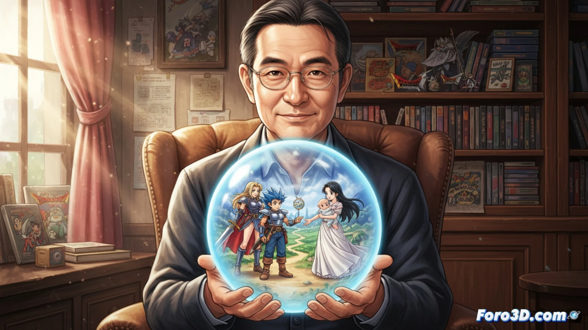 Un anciano sabio sonríe frente a un mapa antiguo, mientras una familia de Dragon Quest V lo rodea con vínculos emocionales brillantes.