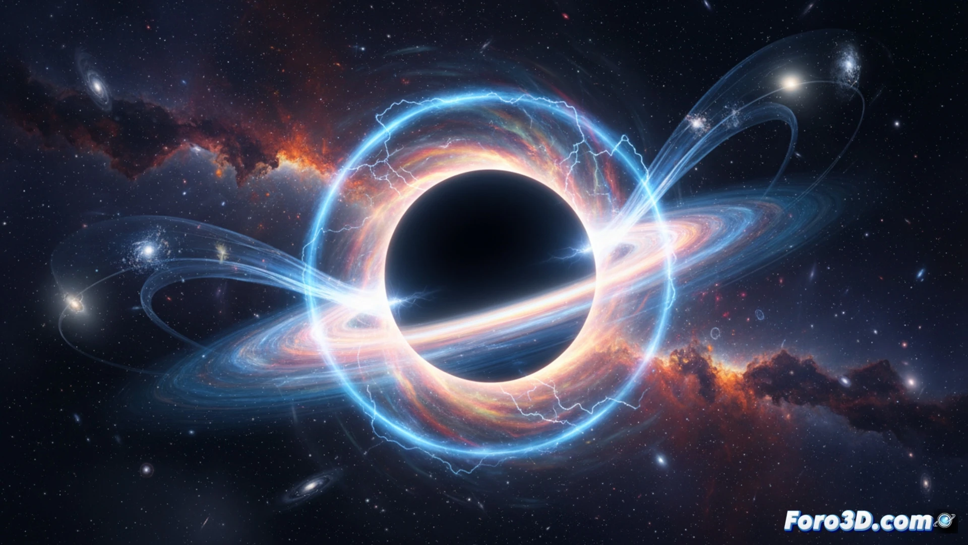 Visualización 3D del horizonte de Cauchy en un agujero negro rotante, con distorsión espacio-temporal y líneas de causalidad invertidas.