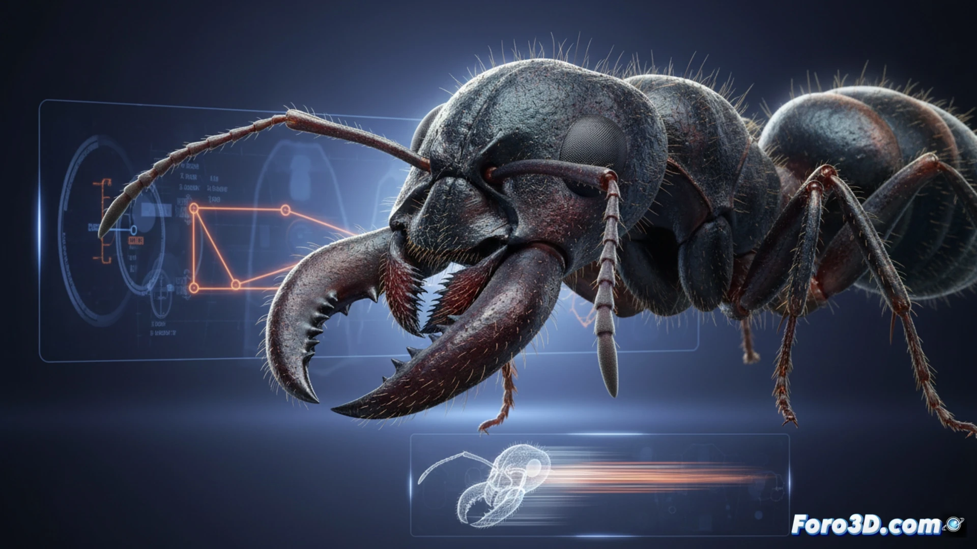Mandíbula trampa supersónica de la hormiga drácula Strumigenys ayrostricta en modelo 3D biomecánico.
