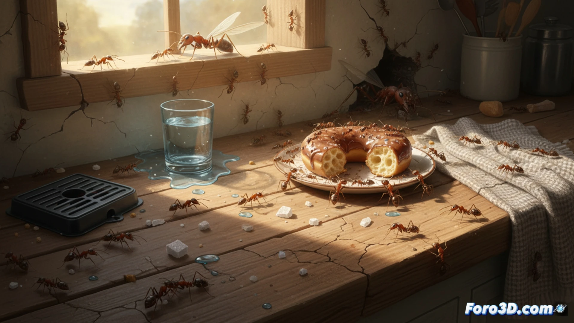 kitchen countertop invasion scene, ants marching in a precise line from a window crack to a sugar bowl, ants completely bypassing a blue gel poison bait trap, one ant carrying a sugar crystal while another ant touches antennae with a scout, photorealistic macro shot, extreme close-up on the bait trap showing untouched gel surface, ants walking around the trap edge, morning sunlight streaming through window casting long shadows, ceramic tile texture visible, water droplet on sink edge nearby, hyper-detailed insect anatomy, glossy chitin reflections, cinematic depth of field, technical nature documentary style