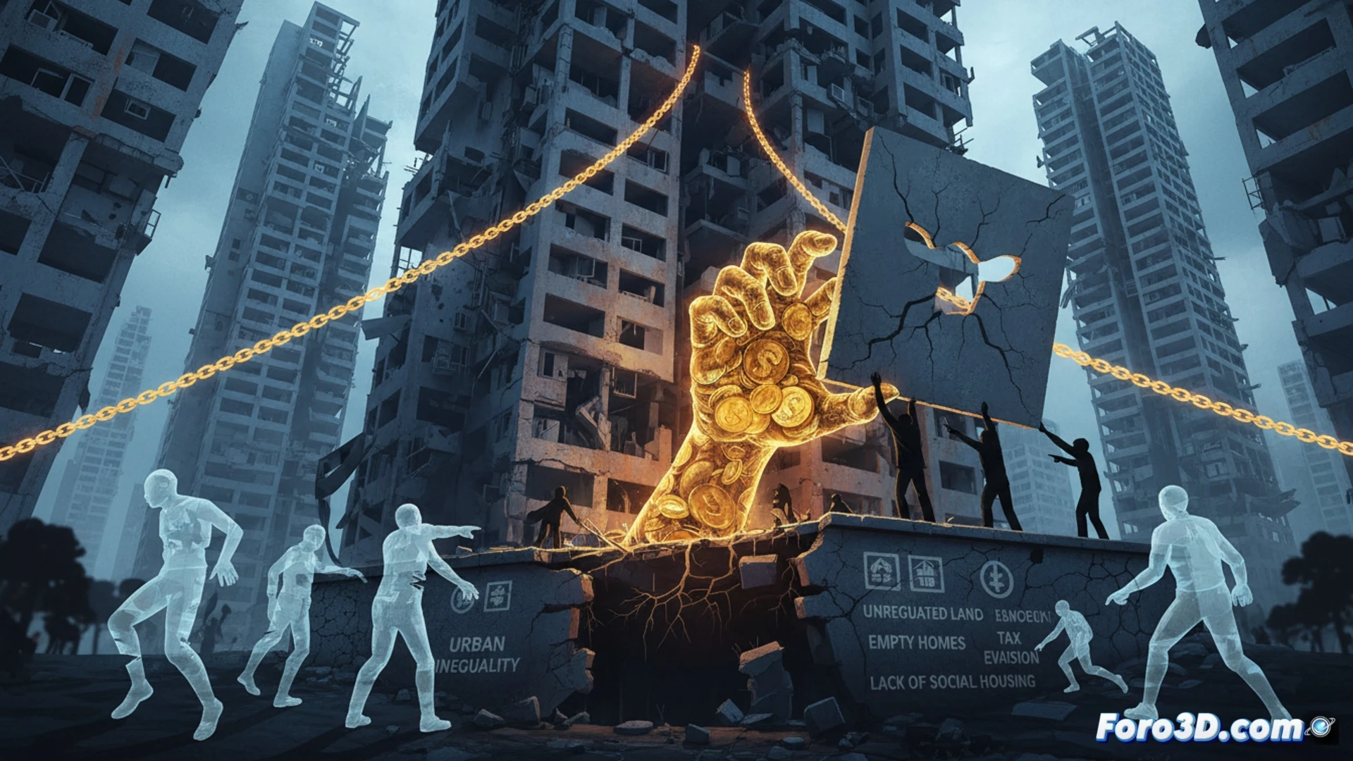 Aerial view of bulldozer demolishing a public park for a luxury high-rise construction site, cement mixer trucks idle while luxury apartment models are displayed on a glowing holographic blueprint table, empty housing units visible through unfinished concrete frames, while a community protest gathers at the edge holding signs with blank surfaces, photorealistic engineering visualization, dramatic sunset casting long shadows over the inequality, ultra-detailed construction machinery, urban development contrast, cinematic lighting.