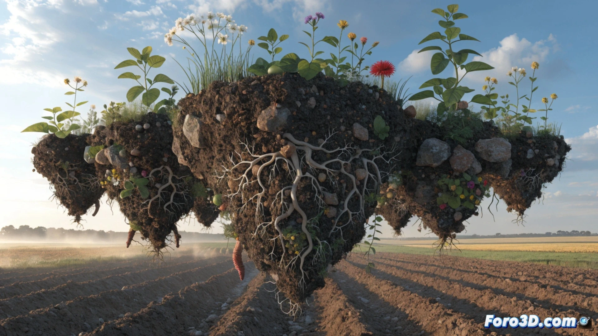 Horticultor con gafas VR manipula un huerto vertical 3D en pantalla, con plantas virtuales, sol y gotas de agua.