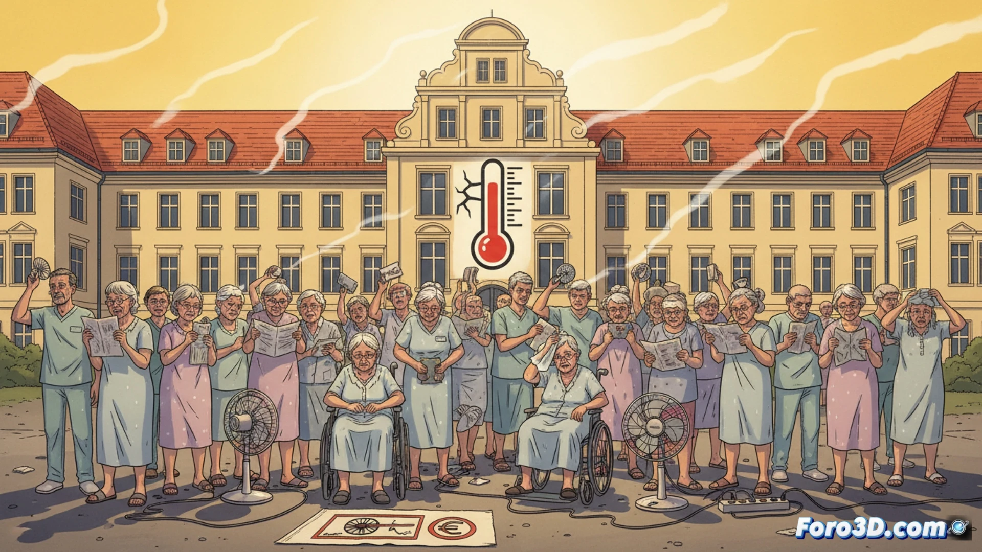 photorealistic wide shot of a german hospital interior during extreme summer heat, elderly patient in bed sweating with a small handheld fan, medical staff using portable cooling devices while checking a digital thermometer showing high temperature, old building structure with single-pane windows and no visible air conditioning units, heat haze visible near the ceiling, cinematic lighting with harsh sunlight streaming through blinds, dust particles floating in hot air, technical medical monitoring equipment on rolling stands, dramatic contrast between sterile hospital environment and oppressive heat, ultra-detailed architectural features, photorealistic architectural visualization