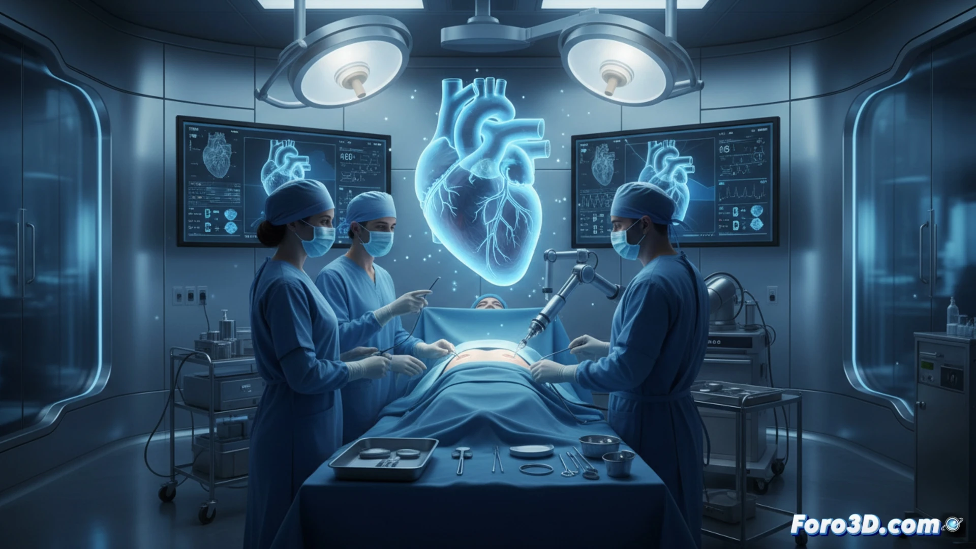 cirujano cardiólogo usando gafas de realidad aumentada y pantalla 3D interactiva, manos sosteniendo instrumentos robóticos mínimamente invasivos, corazón humano anatómico translúcido flotando en monitor con modelo tridimensional detallado, incisiones pequeñas en tórax simulado, equipo médico observando durante la cirugía, iluminación quirúrgica fría, fondo de quirófano estéril con monitores mostrando datos cardíacos en tiempo real, estilo cinematic photorealistic technical visualization, tonos azules y blancos, alto contraste, texturas de tejido orgánico y metal pulido, profundidad de campo suave