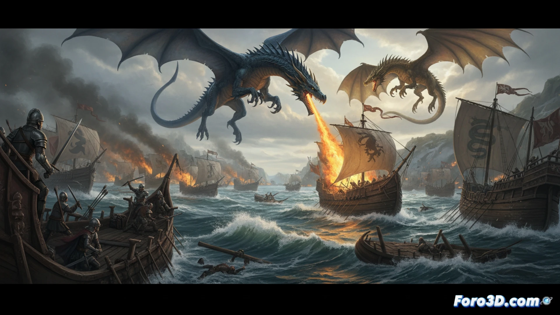 Una flota Velaryon arde en llamas bajo el ataque del Triarcato, mientras dragones vuelan sobre un mar en guerra.