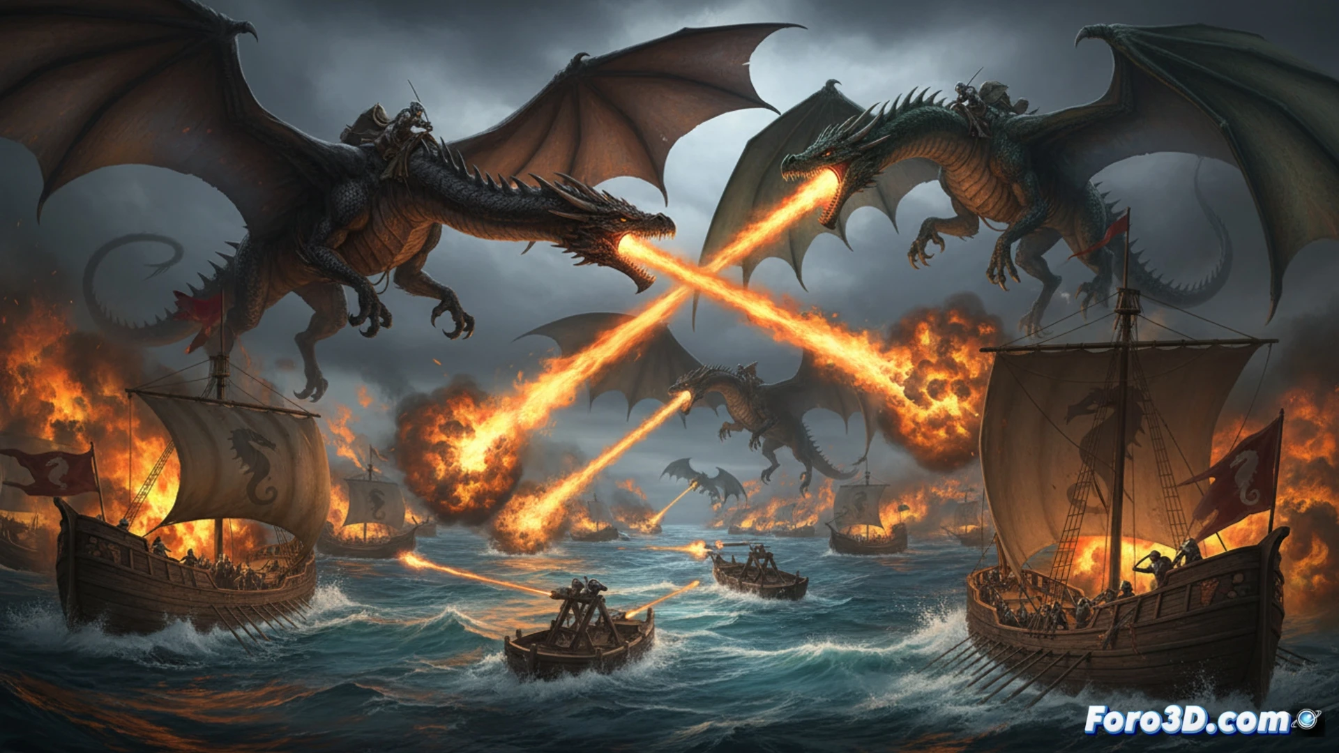 medieval naval battle with three dragons swooping over burning ships, dragon claws tearing through wooden hulls while arrows and flaming projectiles fly through smoky air, multiple combat fronts visible with soldiers on decks and shorelines, cinematic photorealistic visualization, golden dragon and green dragon locked in mid-air combat above a sinking galley, ocean waves churning with debris, dramatic sunset lighting through thick battle smoke, ultra-detailed scales and ship rigging, motion blur on swooping wings, realistic fire reflections on water, epic fantasy battle composition, no text or numbers